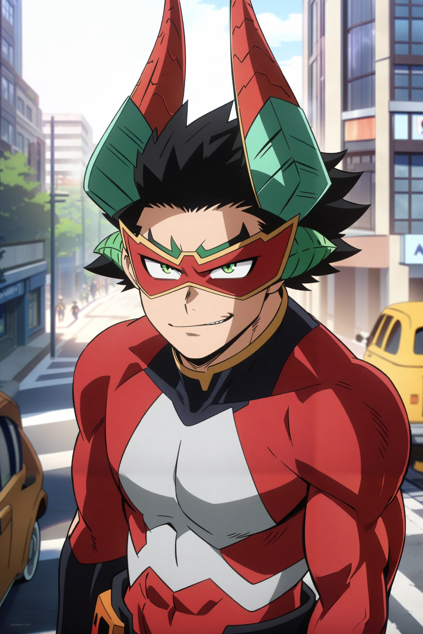 1boy, 40-years-old, handsome, ((MALE)). Young guy, short black hair, green eyes, red superhero costume, superhero mask, dragon horns, dragon tail, smirk, muscles.
City avenue background, daytime, detailed anime lighting, colorfull.
As My Hero Academia character, MHA style, anime style, my hero academia, boku no hero academia, animated. Anime, Best Quality, Masterpiece, High Resolution, 4K, perfect body, perfect eyes, perfect eyes, Full Quality, colorfull, Looking at viewer, Anime, Anime Style, High Resolution.