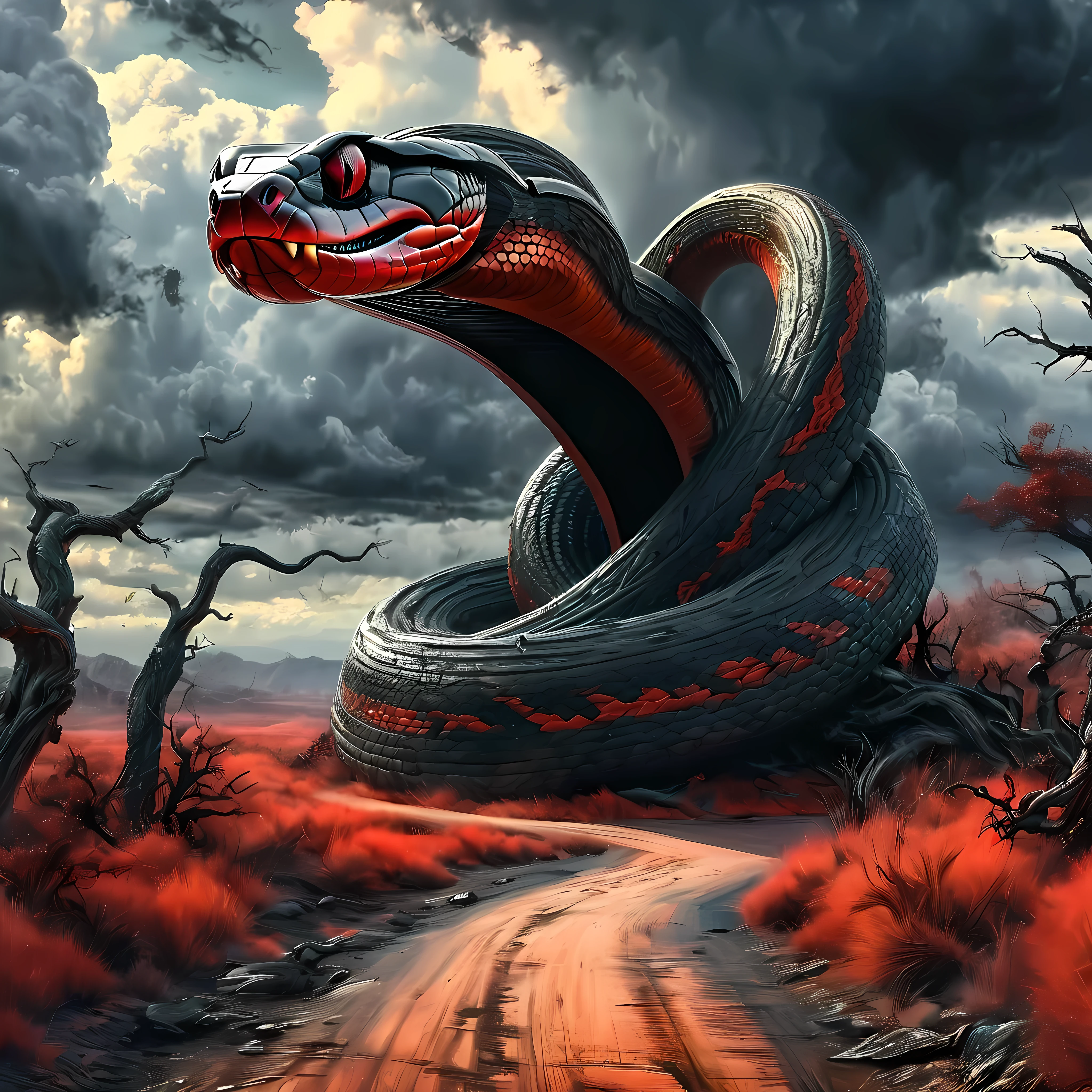 road to hell,dead trees,bloody red snake,heavy clouds,sinister,detailed matte painting,hyperdetailed charcoal drawing,oil painting by James Gurney,(best quality,4k,8k,highres,masterpiece:1.2),ultra-detailed,(realistic,photorealistic,photo-realistic:1.37),HDR,UHD,studio lighting,ultra-fine painting,sharp focus,physically-based rendering,extreme detail description,professional,vivid colors,bokeh,portraits,landscape,horror,anime,sci-fi,photography,concept artists,cooler tones,moody lighting.