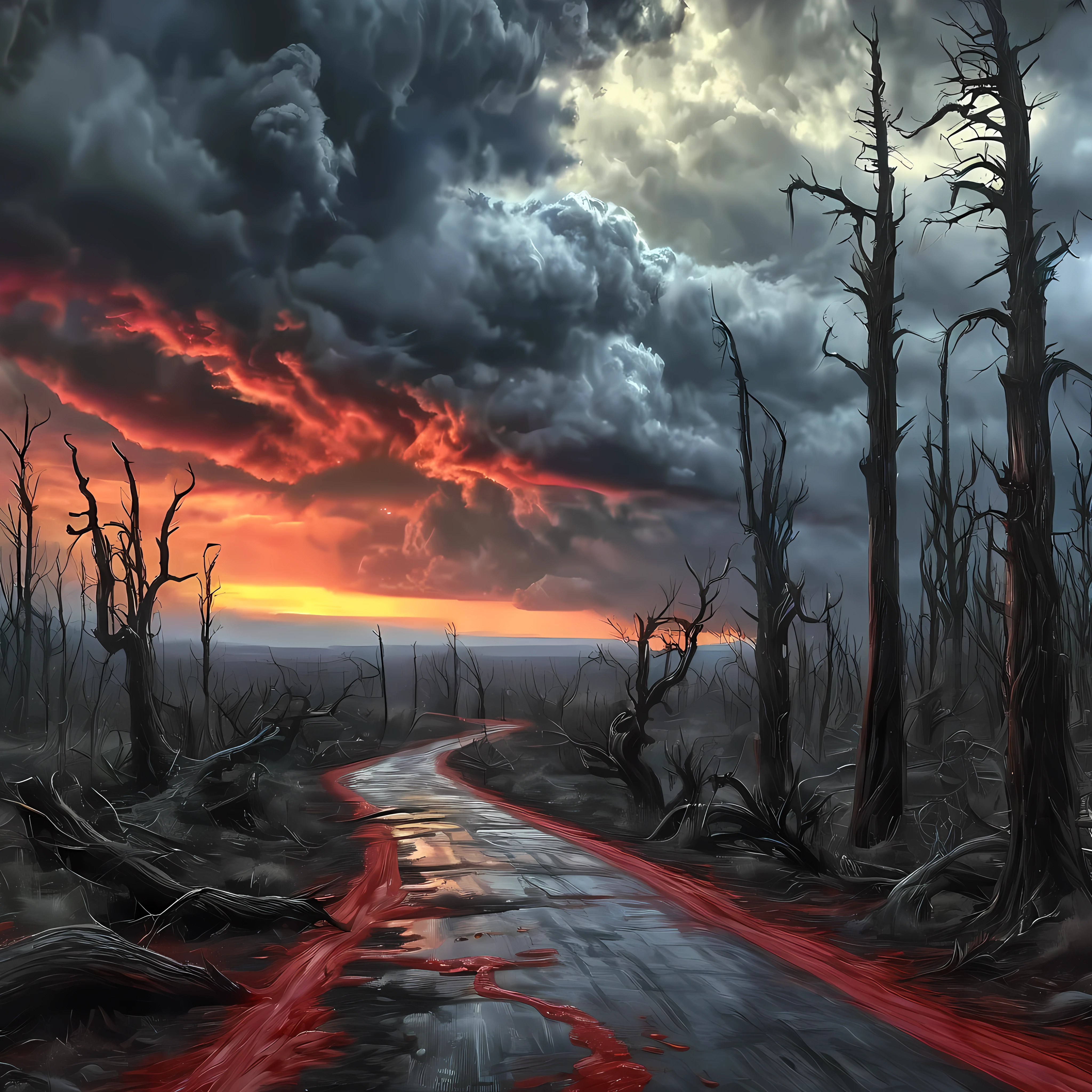 road to hell,dead trees,bloody red snake,heavy clouds,sinister,detailed matte painting,hyperdetailed charcoal drawing,oil painting by James Gurney,(best quality,4k,8k,highres,masterpiece:1.2),ultra-detailed,(realistic,photorealistic,photo-realistic:1.37),HDR,UHD,studio lighting,ultra-fine painting,sharp focus,physically-based rendering,extreme detail description,professional,vivid colors,bokeh,portraits,landscape,horror,anime,sci-fi,photography,concept artists,cooler tones,moody lighting.