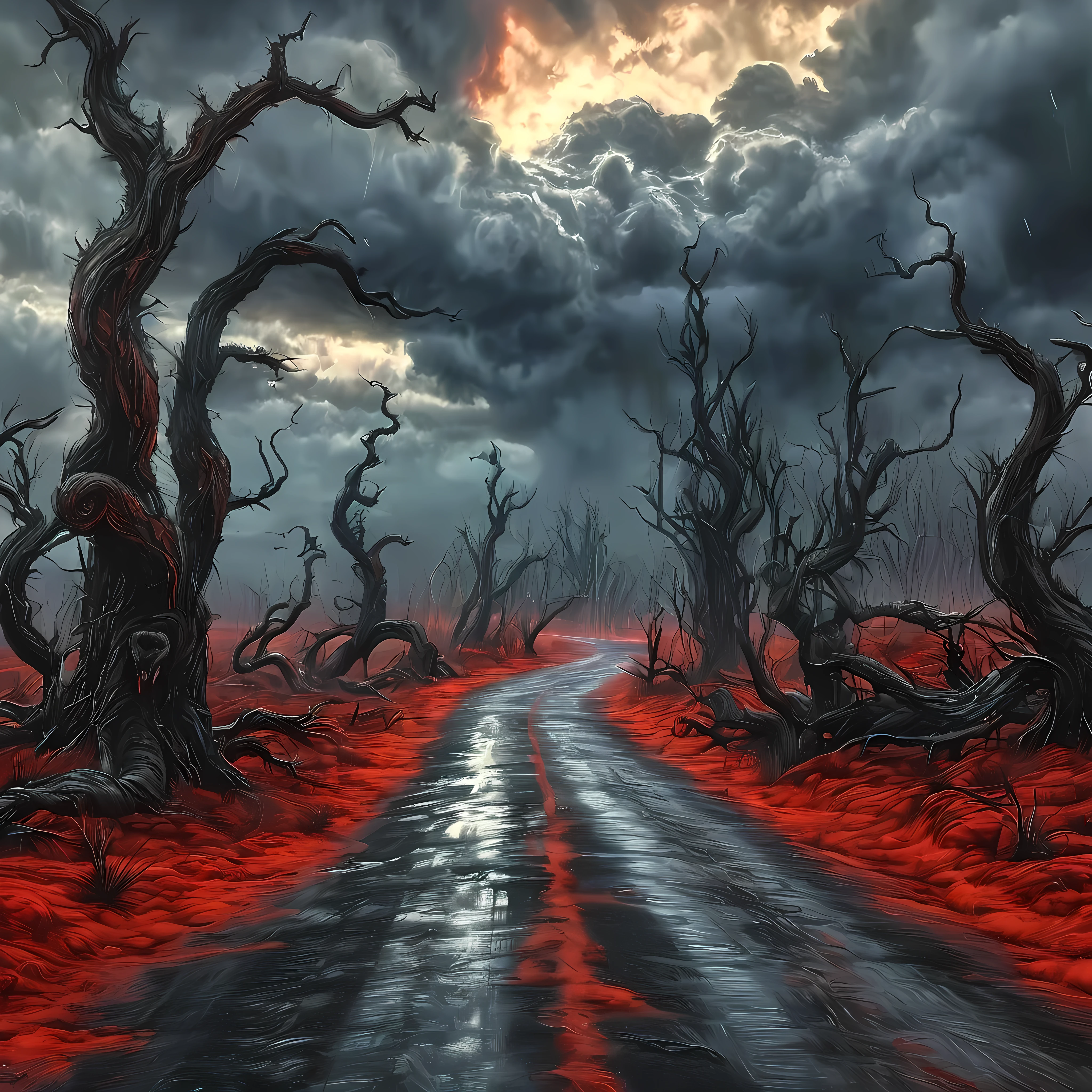 road to hell,dead trees,bloody red snake,heavy clouds,sinister,detailed matte painting,hyperdetailed charcoal drawing,oil painting by James Gurney,(best quality,4k,8k,highres,masterpiece:1.2),ultra-detailed,(realistic,photorealistic,photo-realistic:1.37),HDR,UHD,studio lighting,ultra-fine painting,sharp focus,physically-based rendering,extreme detail description,professional,vivid colors,bokeh,portraits,landscape,horror,anime,sci-fi,photography,concept artists,cooler tones,moody lighting.