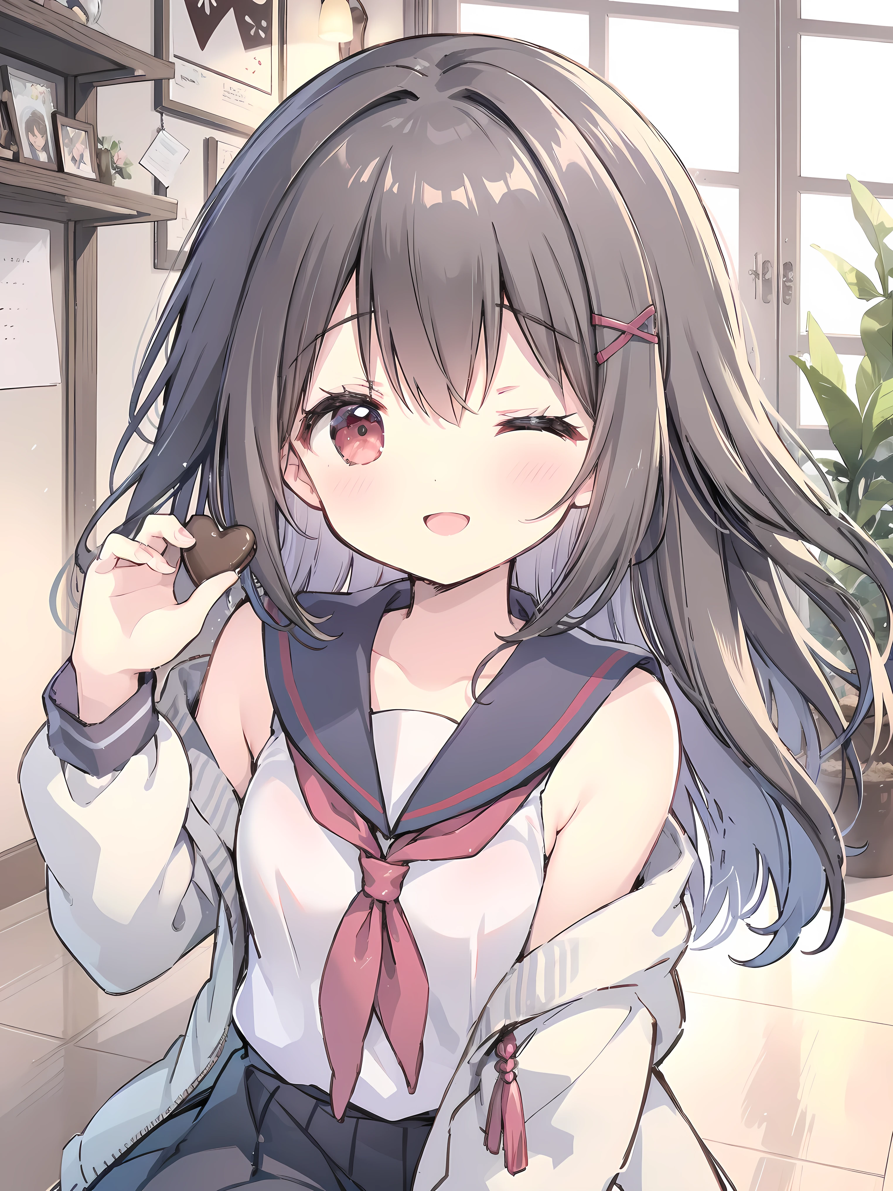 Nardack style lora, a soft and dazzling high school girl , her short stature is cute little , her hair is dark black and her eyes are amber red , The high school girl is wearing a summer sailor uniform, Feed the viewer a piece of Valentine's chocolate, her eyes closed next to winking like a flirty girl, smiling sweetly , close up