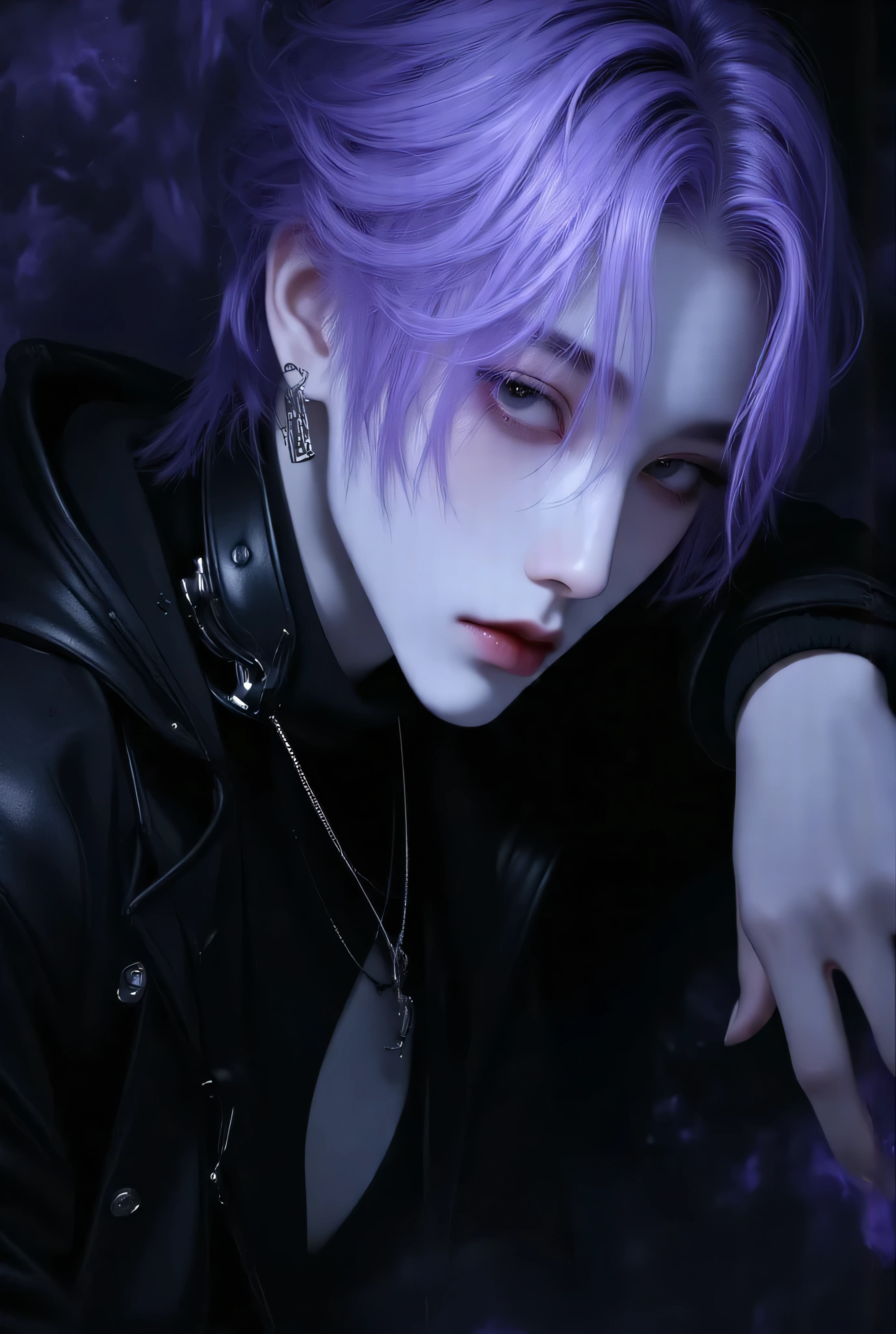 Anime boy, gothic illustration、 landmine Kpop idol holiday with dark gothic background、dark dark gothic background 、Standing pose with your palm against the wall、Sexy face、 Look Down、 stylish boy model dressed as a cool guy on a dark gothic background、 one beautiful young beautiful boy dressed as a man、 cute expression 、bisexual 、 cool、Light purple hair color、Short Hair、 arranged hair 、Handsome Hair、Small face、 white skin、Neutral face、Cool guy、 cute face 、 cool sharp eyes 、sharp thin eyebrows 、 Tall、 style with 2 hands、 I like cool stuff 、Black gothic outfit、Age 19、 half Japanese and Korean man 、Fascinating fans、Seduce、 beautiful photo 、masterpiece、 best quality 、 HD、 Fantastic 、 dark background、Photographed from below 、 beautiful portrait、 menswear makeup 、 Anime Makeup 、 cute girl with piercings 、Story-like