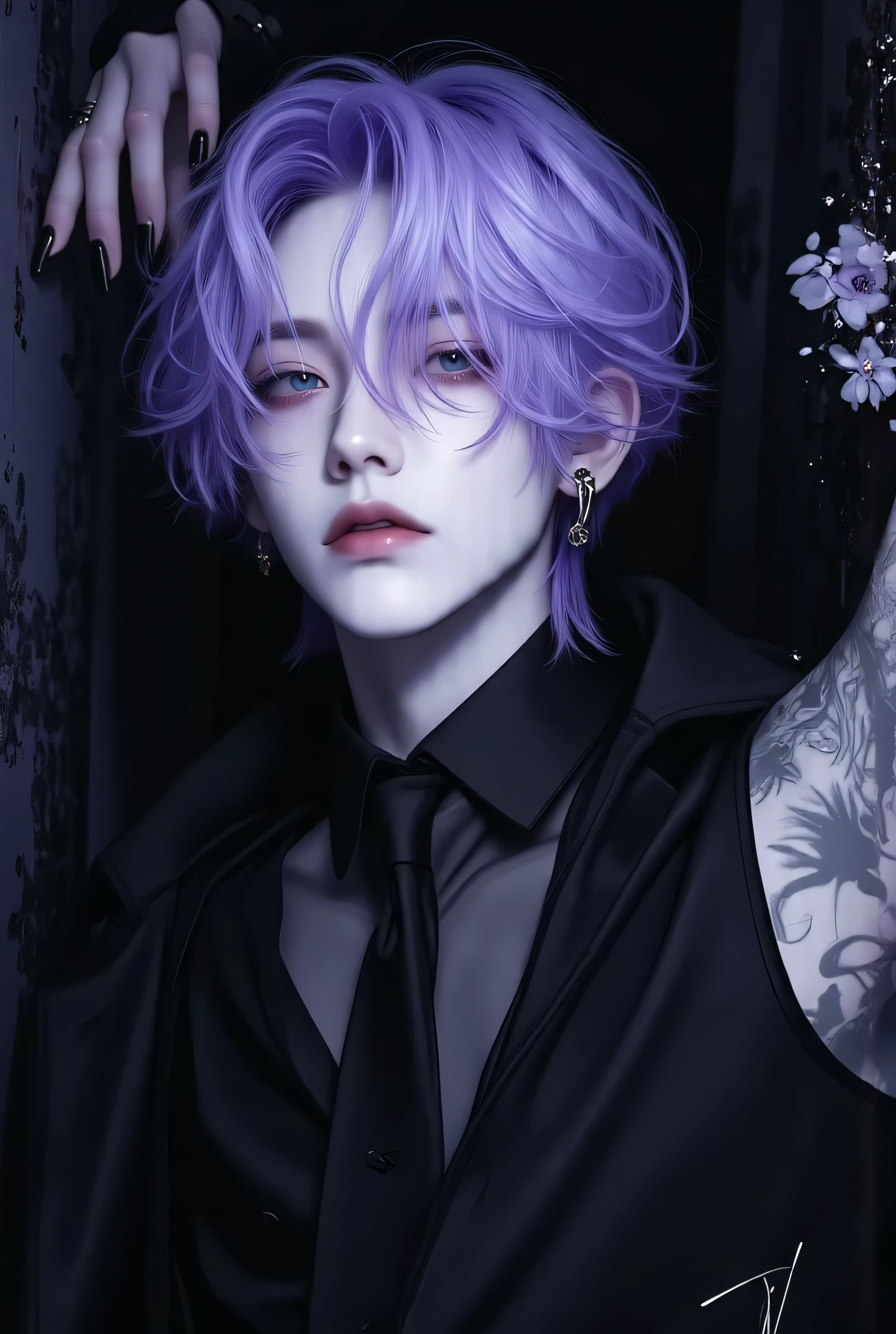 Anime boy, gothic illustration、 landmine Kpop idol holiday with dark gothic background、dark dark gothic background 、Standing pose with your palm against the wall、Sexy face、 Look Down、 stylish and cool guy boy model、 one beautiful young beautiful boy dressed as a man、 cute expression 、bisexual 、 cool、Light purple hair color、Short Hair、 arranged hair 、Handsome Hair、Small face、 white skin、Neutral face、Cool guy、 cute face 、 cool sharp eyes 、sharp thin eyebrows 、 Tall、 style with 2 hands、 I like cool stuff 、Black gothic outfit、Age 19、 half Japanese and Korean man 、Fascinating fans、Seduce、 beautiful photo 、masterpiece、 best quality 、 HD、 Fantastic 、 dark background、Photographed from below 、 beautiful portrait、 menswear makeup 、 Anime Makeup 、 cute girl with piercings 、Story-like
