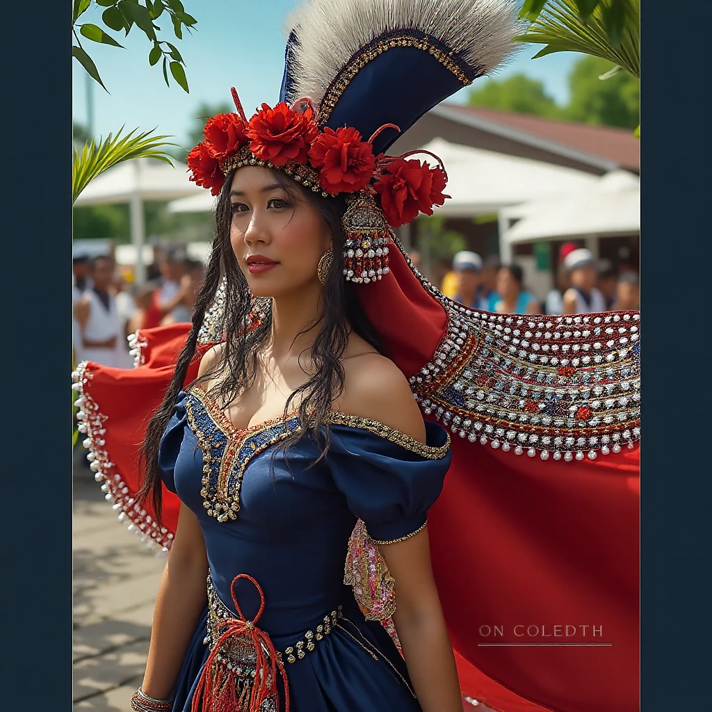 Close-up of a very sexy Nordic woman with long blonde hair wearing a blue and white dress and hat, disfraz con detalles en azul, disfraz tradicional, vistiendo un traje adornado, folklorico, (((carnaval de Oruro, bolivia))), ethnic outfit, ropa tradicional de chola color azul, vestido tradicional, Traje nacional boliviano de carnaval, una mujer joven y muy hermosa.
