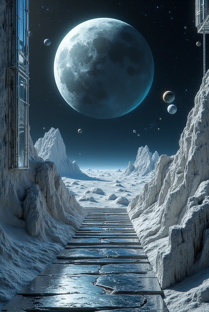 The moon. In the background space . chrome. silver. Next to the stairs . So the Earth . Floating ladder . Meteor pieces . around. Colors silver . darkness. half light . silver. Above the Moon . All in high definition . quality. Of the patterns . All well created . Mirage style . reflection. On the walls. Up and down the sides . Reflective mirage . Of everything .