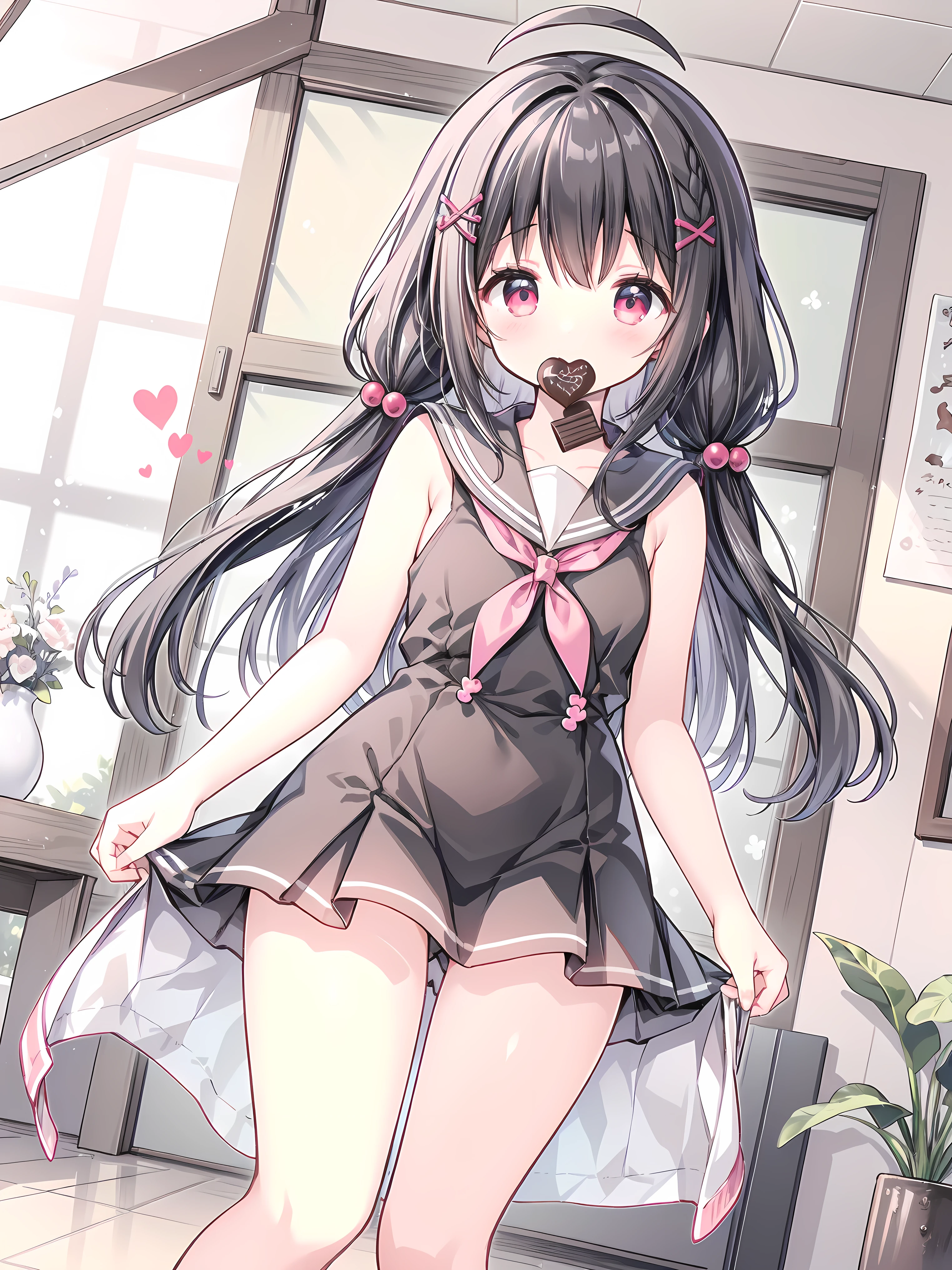 masterpiece best quality, sharpen image details, Nardack style lora, a soft and dazzling high school girl , her short stature is cute little , her hair is dark black and her eyes are amber red , The high school girl is wearing a sleeveless summer sailor uniform, Feed the viewer a piece of Valentine's chocolate, close up