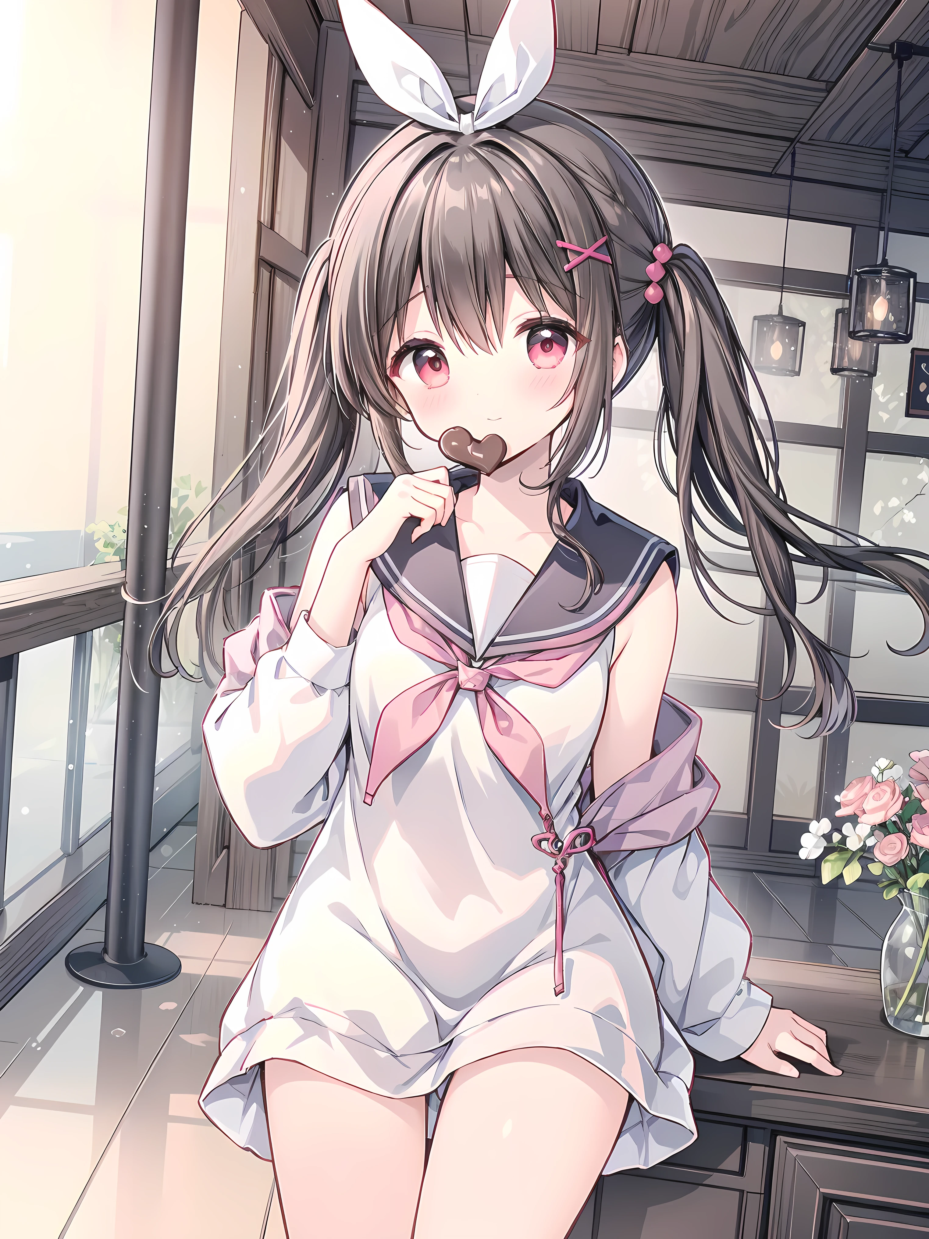 masterpiece best quality, sharpen image details, Nardack style lora, a soft and dazzling high school girl , her short stature is cute little , her hair is dark black and her eyes are amber red , The high school girl is wearing a sleeveless summer sailor uniform, Feed the viewer a piece of Valentine's chocolate, close up