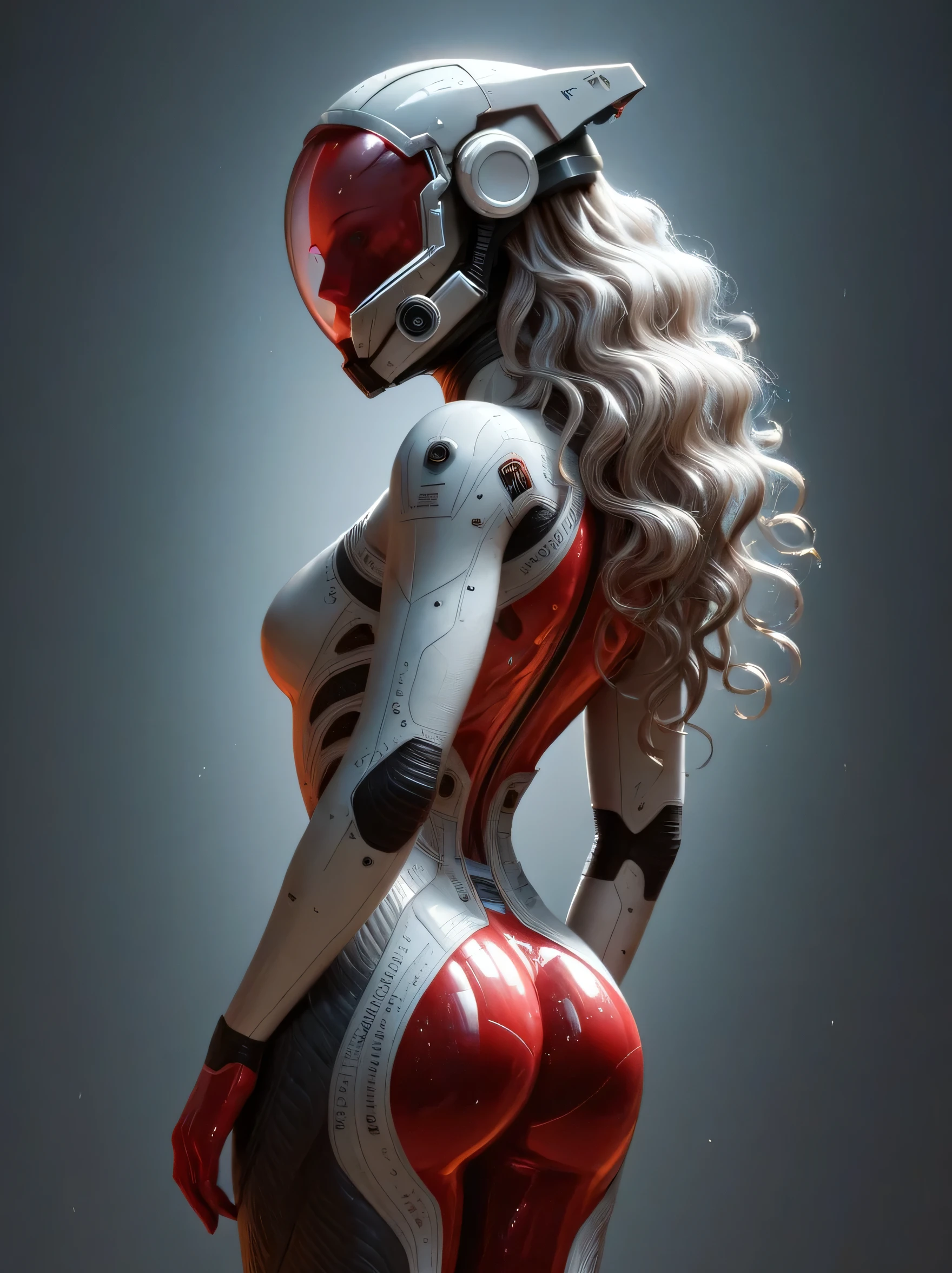 high tech gorgeous British female, ultra realistic, perfect body, perfect ass, large natural chest, translucent, glazed, reflective textures, hips up, perfect angle, award winning image, highly futuristic, curved tight layered outfit, octane rendering, ultra sharp, High Dynamic Range, Ray Tracing, Super-Resolution, Unreal 5, Subsurface scattering, PBR Texturing,Post-processing, Anisotropic Filtering, Depth-of-field, Maximum clarity and sharpness, Multi-layered textures, Specular maps, long wavy hair, silver, alien textures, gradients, curved detailed futuristic helmet  