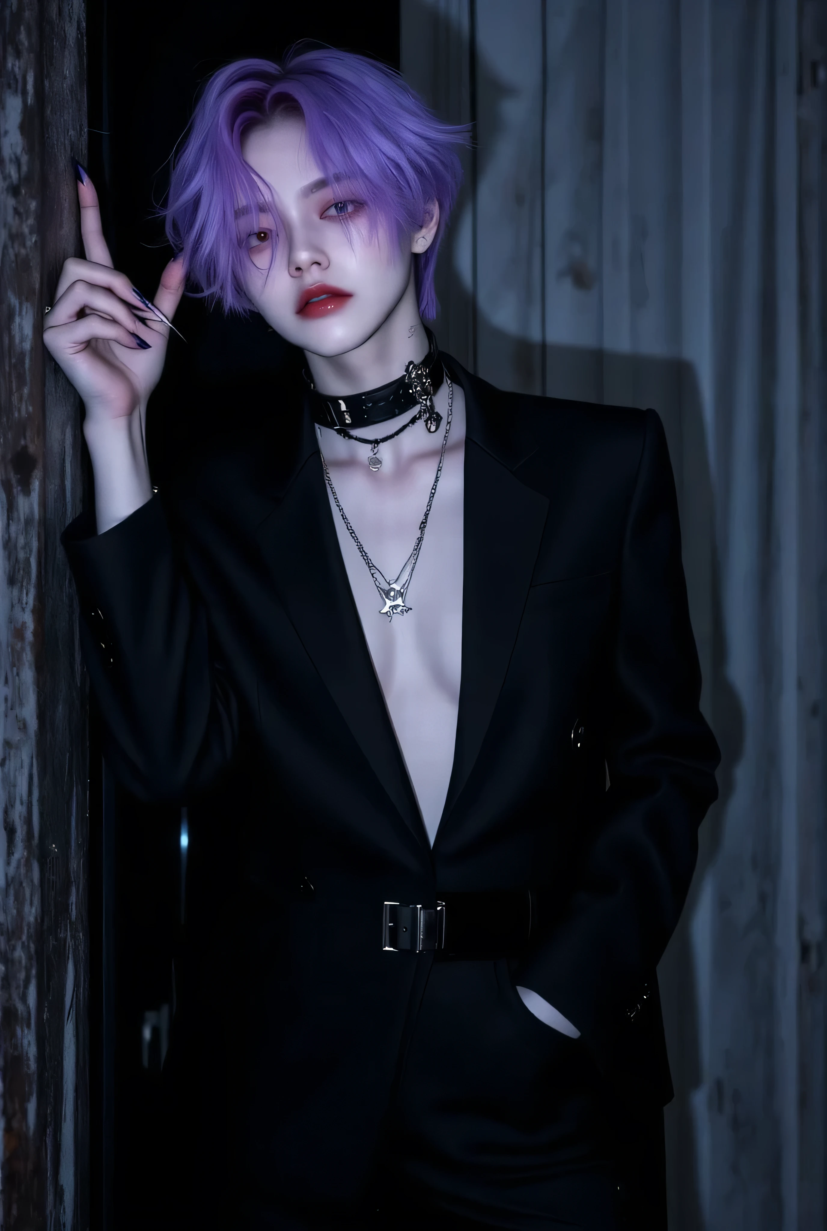 Anime boy, gothic illustration、Anime landmine Kpop idol's holiday、dark dark gothic background 、Standing pose with your palm against the wall、Sexy face、 Look Down、 stylish boy model dressed as a cool guy on a dark gothic background、 one beautiful young beautiful boy dressed as a man、 cute expression 、bisexual 、 cool、Light purple hair color、Short Hair、 arranged hair 、Handsome Hair、Small face、 white skin、Neutral face、Cool guy、 cute face 、 cool sharp eyes 、sharp thin eyebrows 、 Tall、 style with 2 hands、 I like cool stuff 、Black gothic outfit、Age 19、 half Japanese and Korean man 、Fascinating fans、Seduce、 beautiful photo 、masterpiece、 best quality 、 HD、 Fantastic 、 dark background、Photographed from below 、 beautiful portrait、 menswear makeup 、 Anime Makeup 、 cute girl with piercings 、Story-like