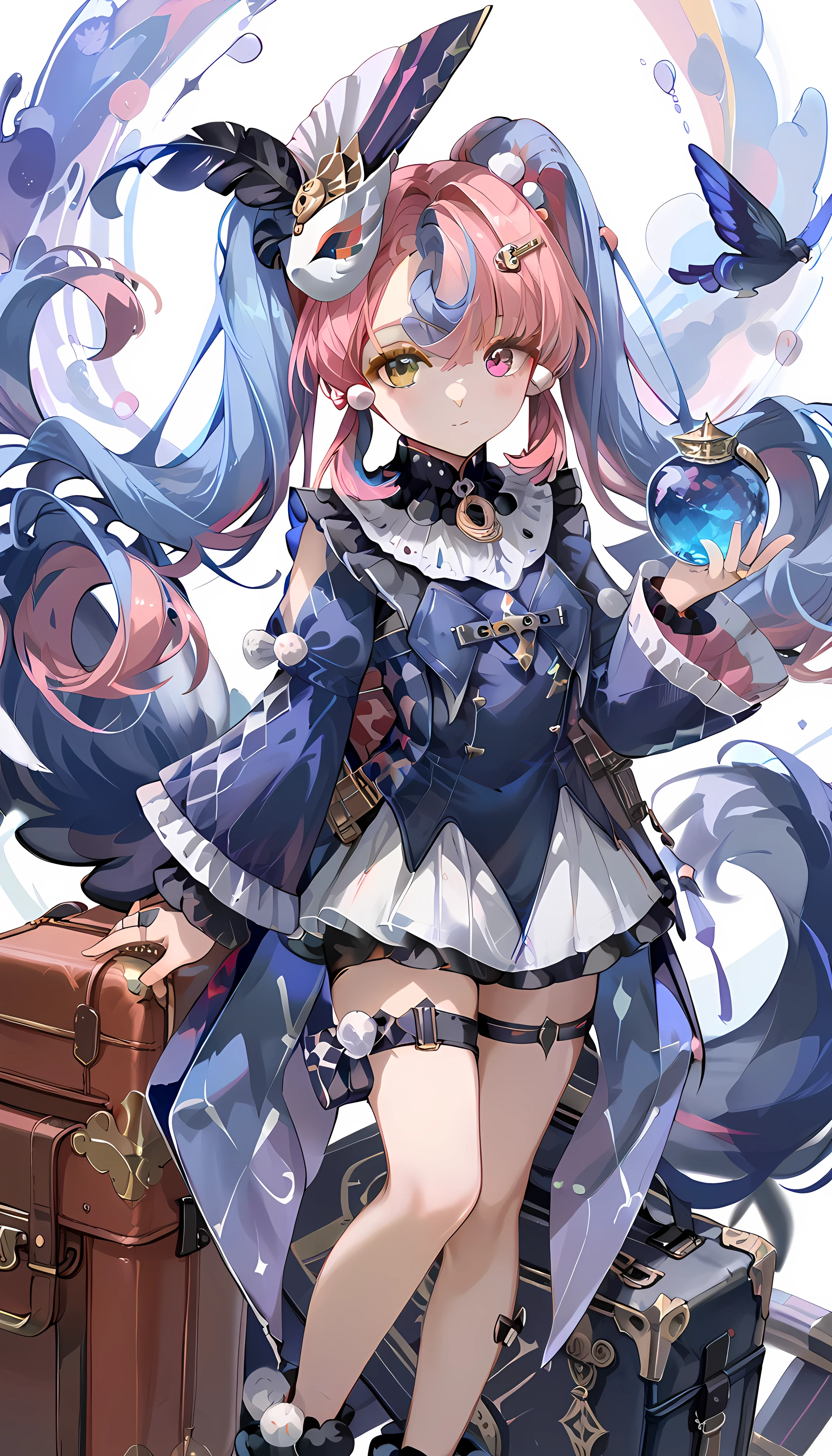 score_9_ up,score_8_ up,score_7_ up,Alone, 1 girl,
(ww)_lkk , pink eye, blue hair , yellow eyes, twin tails, Heterochromia,symbol-shaped p upils, model, pink hair, hair ornament,
Blue Dress, long sleeve ,Fluffy sleeves, jewelry, thigh strap,ring, Throw luggage