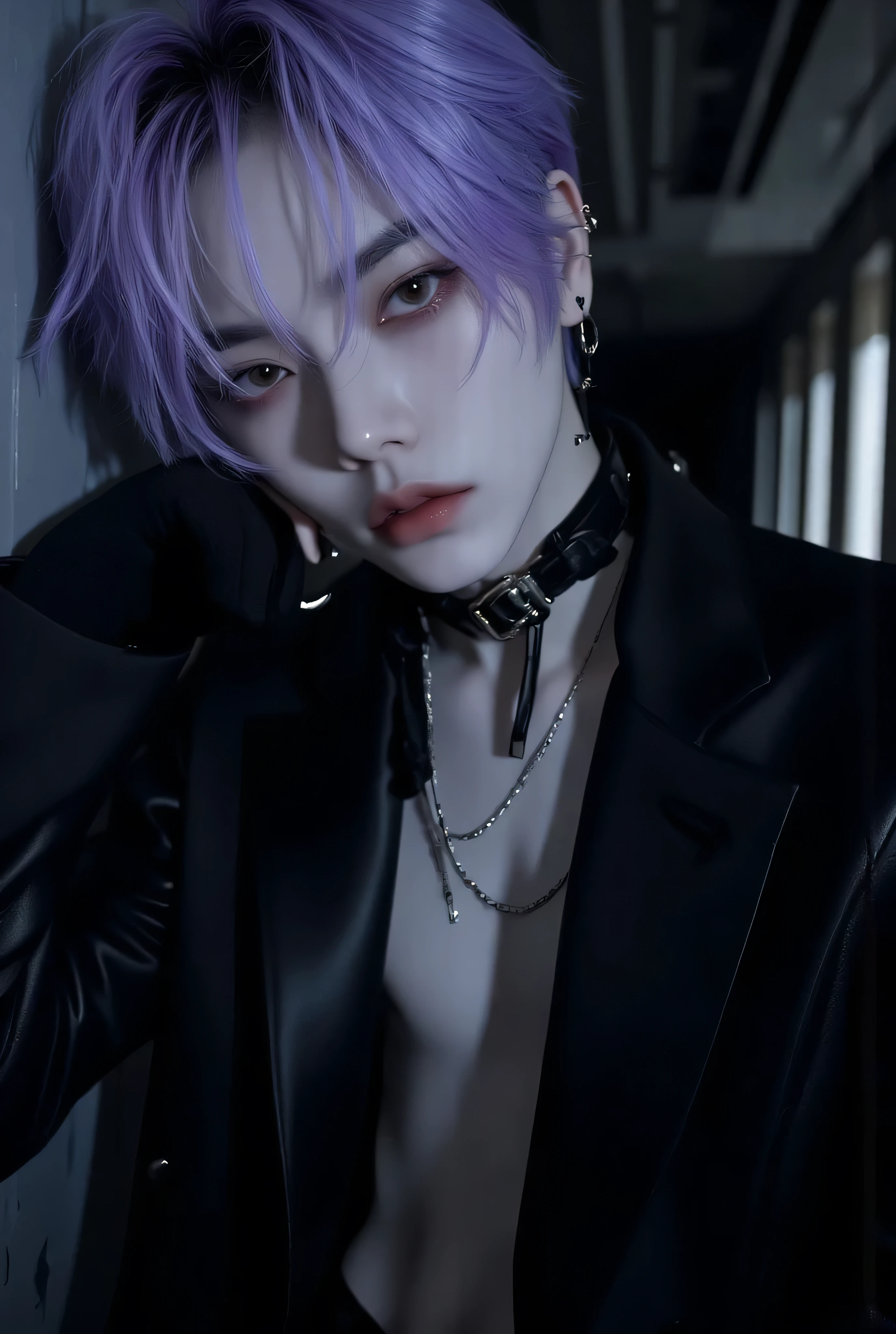 Anime boy, gothic illustration、Anime landmine Kpop idol's holiday、dark dark gothic background 、Standing pose with your palm against the wall、Sexy face、 Look Down、 stylish boy model dressed as a cool guy on a dark gothic background、 one beautiful young beautiful boy dressed as a man、 cute expression 、bisexual 、 cool、Light purple hair color、Short Hair、 arranged hair 、Handsome Hair、Small face、 white skin、Neutral face、Cool guy、 cute face 、 cool sharp eyes 、sharp thin eyebrows 、 Tall、 style with 2 hands、 I like cool stuff 、Black gothic outfit、Age 19、 half Japanese and Korean man 、Fascinating fans、Seduce、 beautiful photo 、masterpiece、 best quality 、 HD、 Fantastic 、 dark background、Photographed from below 、 beautiful portrait、 menswear makeup 、 Anime Makeup 、 cute girl with piercings 、Story-like