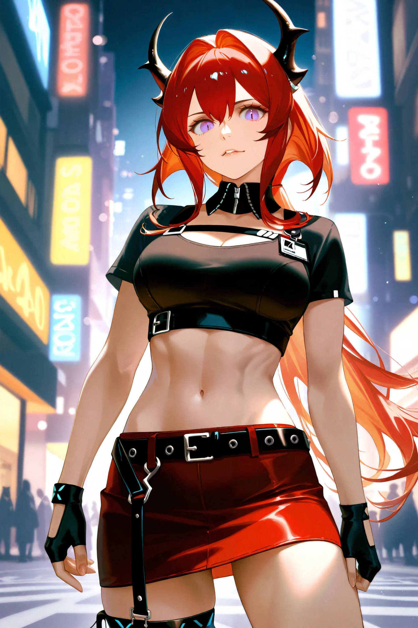 {{super detail, best quality, anatomically correct, textured skin, high quality, high details, highres, masterpiece, best quality}}, cowboy shot, 1girl, solo, surtr (arknights), long hair, red hair, horns, high ponytail, purple eyes, medium breasts, thigh strap, black belt, black gloves, fingerless gloves, black shirt, midriff, red skirt, {{short sleeves, mini skirt}}, makeup, (solo:1.1), (mature woman:1.2), beautiful face, (detailed eyes), symmetric eyes, (thin lips), (beautiful round breasts), voluptuous body, toned, stomach, slim waist, (masterpiece, best qualty), soft ambient lighting, standing, front view, city street background, buildings, vivid colors, night, dark sky, looking at the viewer, slim waist, HD, 8K, vivid colors, intricate, (absurdres:1.2), bokeh, (sharp focus) ((detailed face)), facial details, (pov thighs)