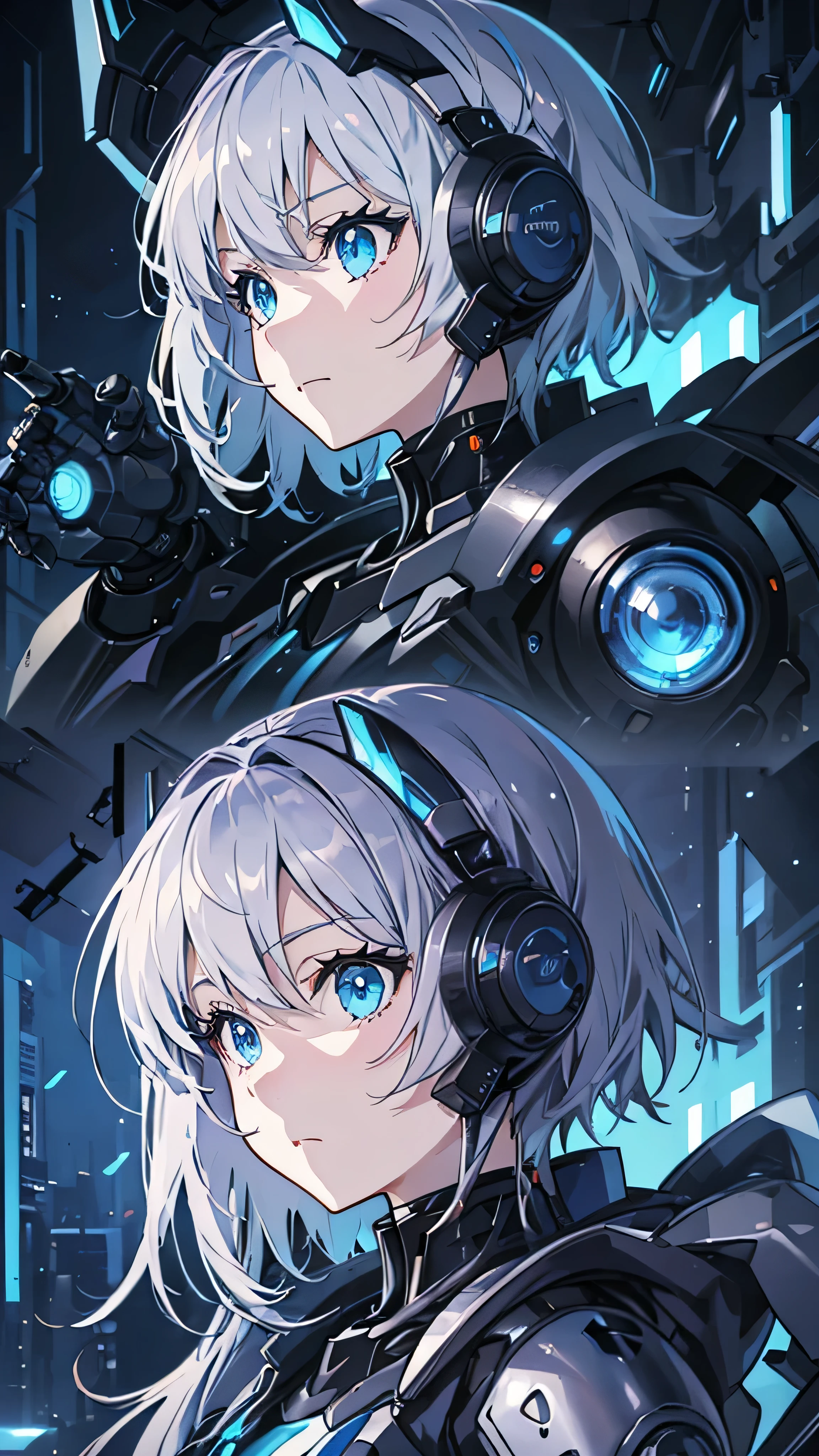 ( anime girl  with blue eyes), Best Anime 4K Konachan Wallpaper,  in、Blue Eyes Glow  ,  Anime Robot and Organic Mix ,Blue cyborg eyes,  anime cyborg , cyberpunk  anime girl  mech, Mechanical Aesthetics,  His Eyes Glow Blue ,  Teen Biopunk Cyborg,  anime manga robot !!  anime girl , Metal and shiny eyes, (zoom:1.5),  cool expression , profile