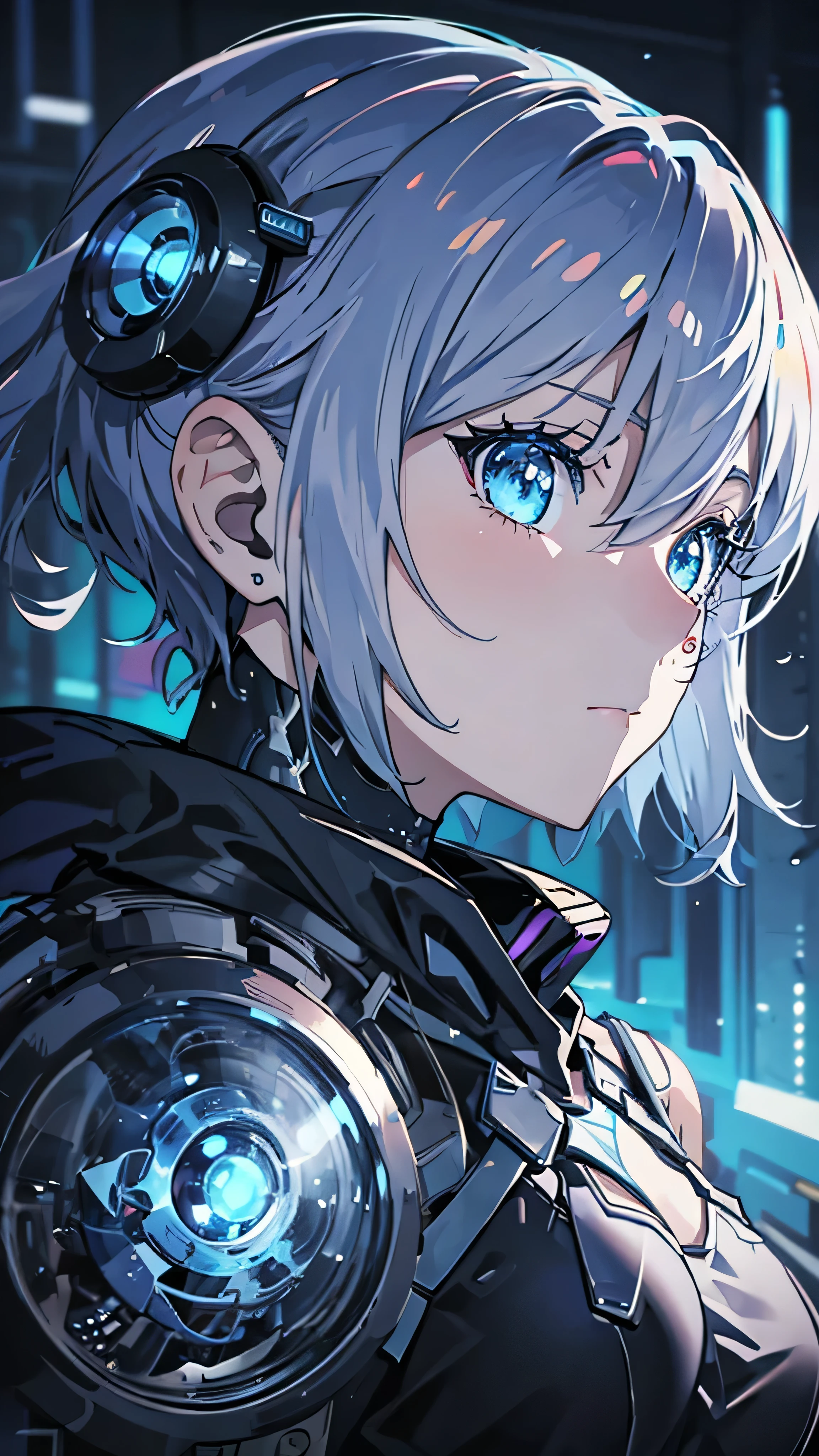 ( anime girl with blue eyes), Best Anime 4K Konachan Wallpaper, in、Blue Eyes Glow , Anime Robot and Organic Mix ,Blue cyborg eyes, anime cyborg , cyberpunk anime girl mech, Mechanical Aesthetics, His Eyes Glow Blue , Teen Biopunk Cyborg, anime manga robot !! anime girl , Metal and shiny eyes, (zoom:1.5), cool expression , profile