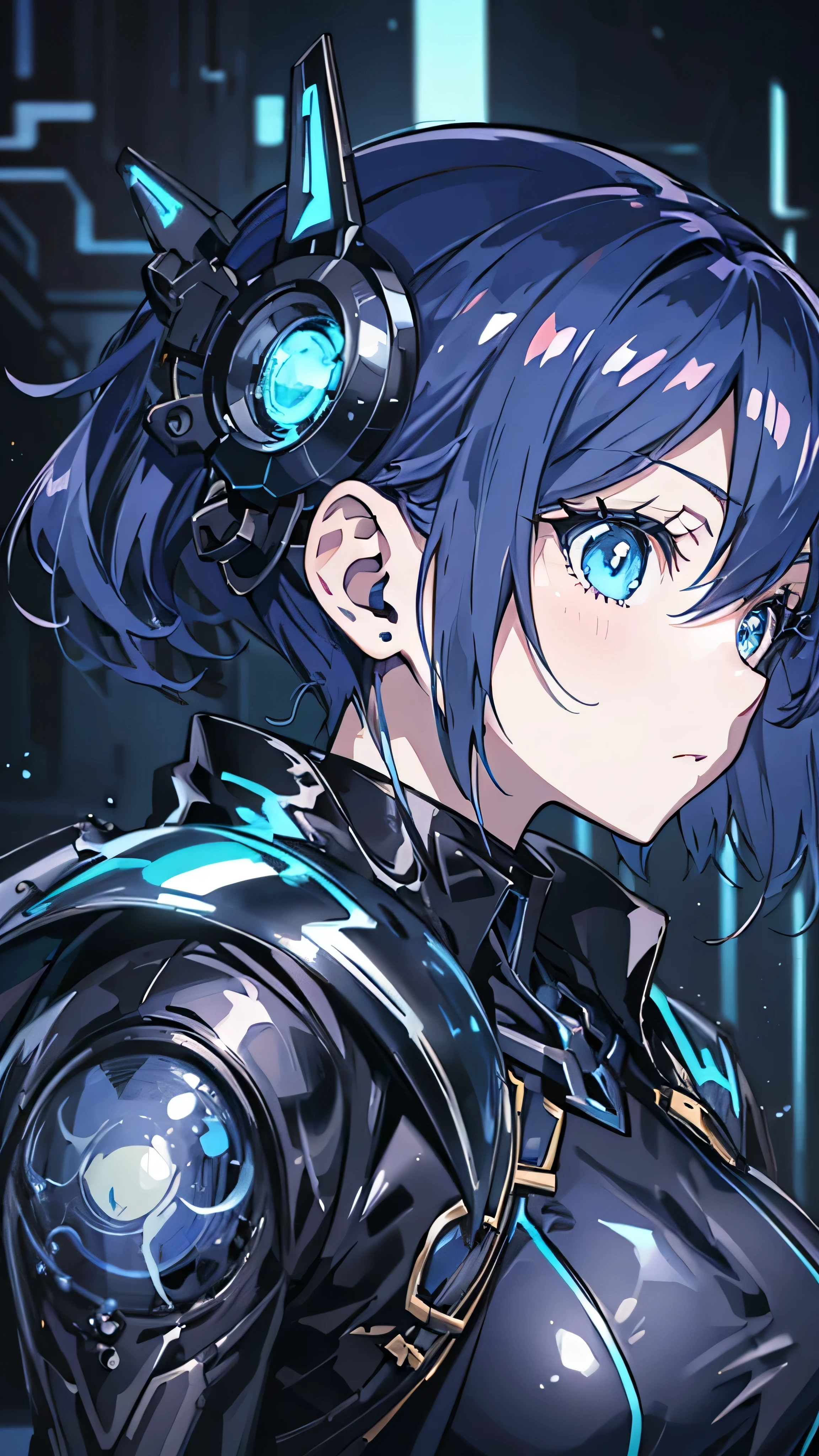 ( anime girl with blue eyes), Best Anime 4K Konachan Wallpaper, in、Blue Eyes Glow , Anime Robot and Organic Mix ,Blue cyborg eyes, anime cyborg , cyberpunk anime girl mech, Mechanical Aesthetics, His Eyes Glow Blue , Teen Biopunk Cyborg, anime manga robot !! anime girl , Metal and shiny eyes, (zoom:1.5), cool expression , profile
