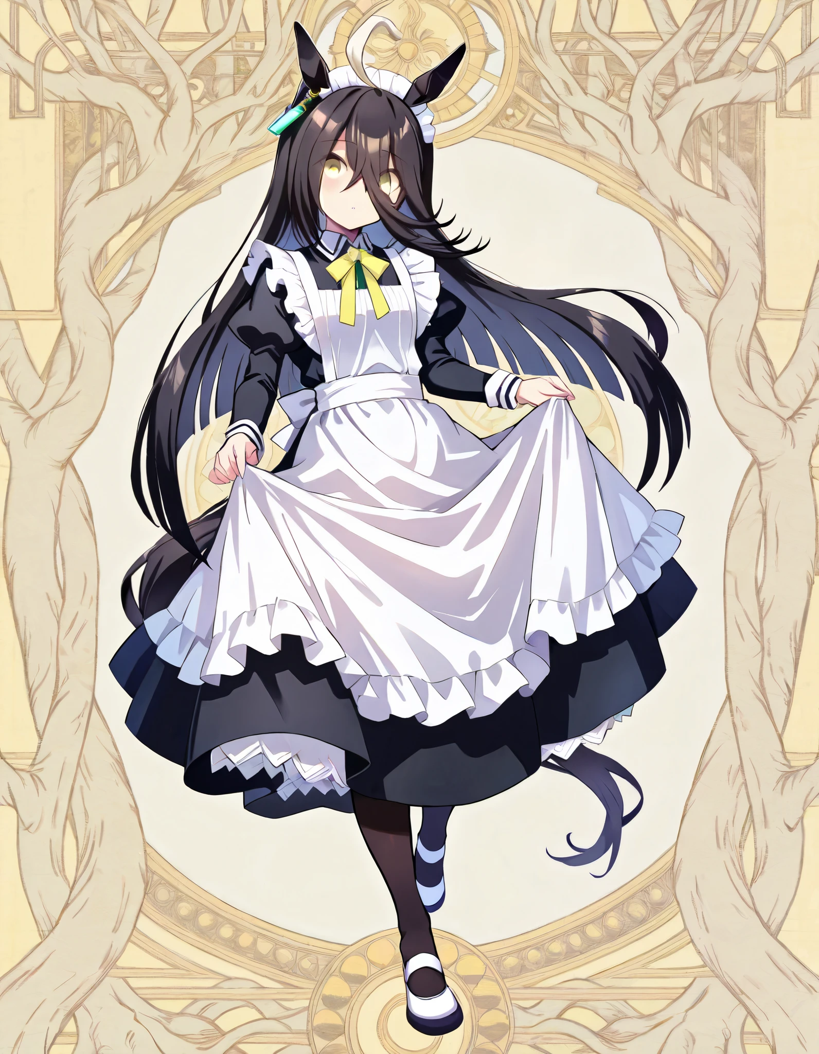 Long, slender face,manhattan cafe (umamusume), ahoge,animal ears,,black hair,earrings,,hair between eyes, highres,horse ears,jewelry,long hair,multicolored hair,,yellow eyes,, ,horse girl,, horse tail,tail,,,, very long hair,,eyebrows visible through hair,eyes visible through hair,small breasts,score_9, score_8_up, score_7_up, source_anime,1girl,maid, maid apron, maid headdress, puffy sleeves,full body shot