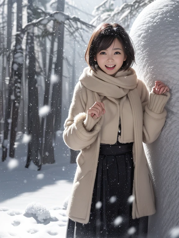 (8k, RAW photo, photorealistic, HQ, masterpiece), a cute Japanese girl,(glowing eyes),
(laugh:1.4 ), brown hair, fluffy Pixie Bob hair, large breasts, (Stylish winter outfits, Scarf, coat, long skirt), 
standing pose, Seductive pose, (snowstorm:1.5), (heavy snow:1.4), (Snowy winter nature park:1.2), 
blurred background, depth of field, natural lighting, (backlighting:1.2), (face lightning:1.2), 
