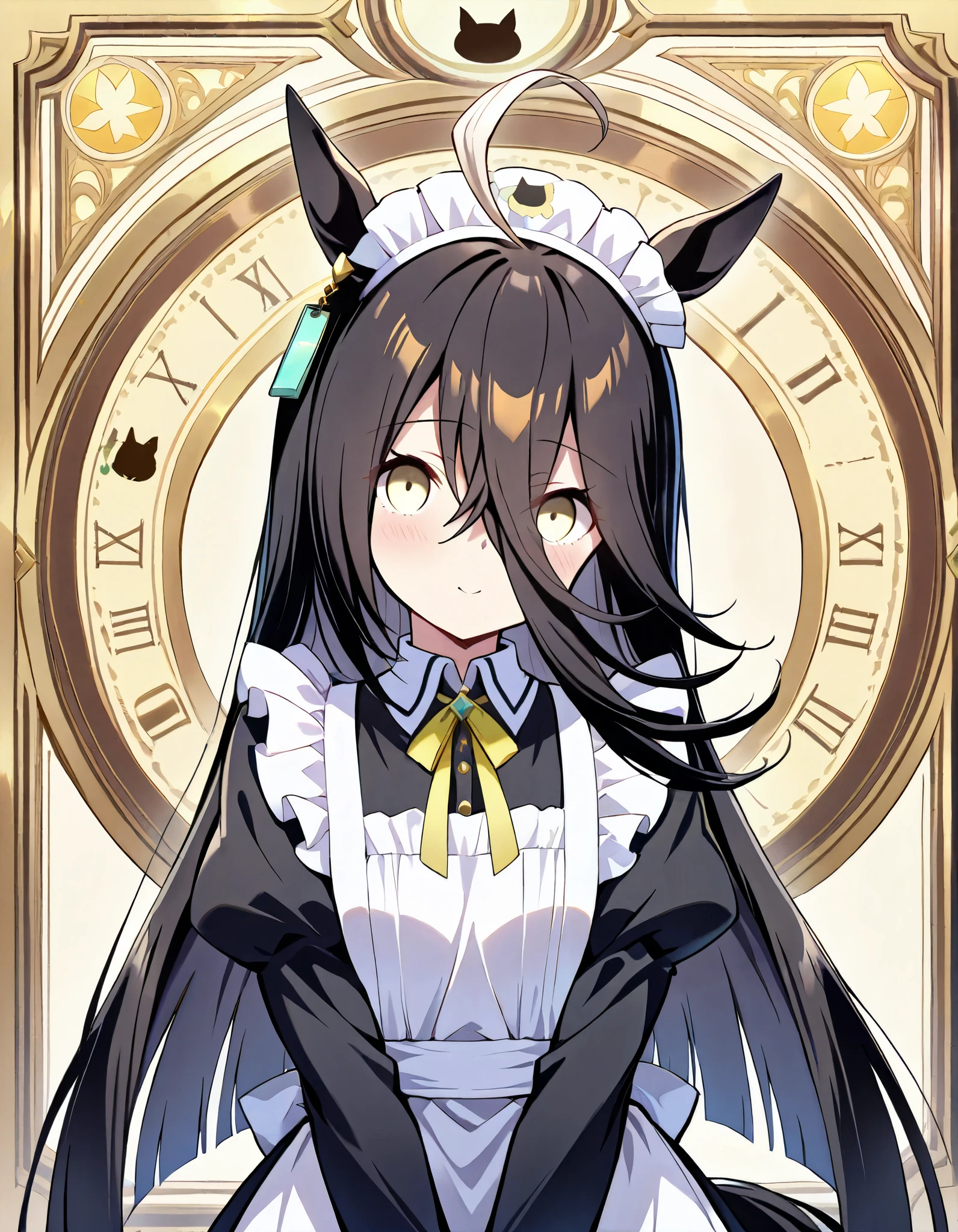 Long, slender face,manhattan cafe (umamusume), ahoge,animal ears,,black hair,earrings,,hair between eyes, highres,horse ears,jewelry,long hair,multicolored hair,,yellow eyes,, ,horse girl,, horse tail,tail,,,, very long hair,,eyebrows visible through hair,eyes visible through hair,small breasts,score_9, score_8_up, score_7_up, source_anime,1girl,maid, maid apron, maid headdress, puffy sleeves