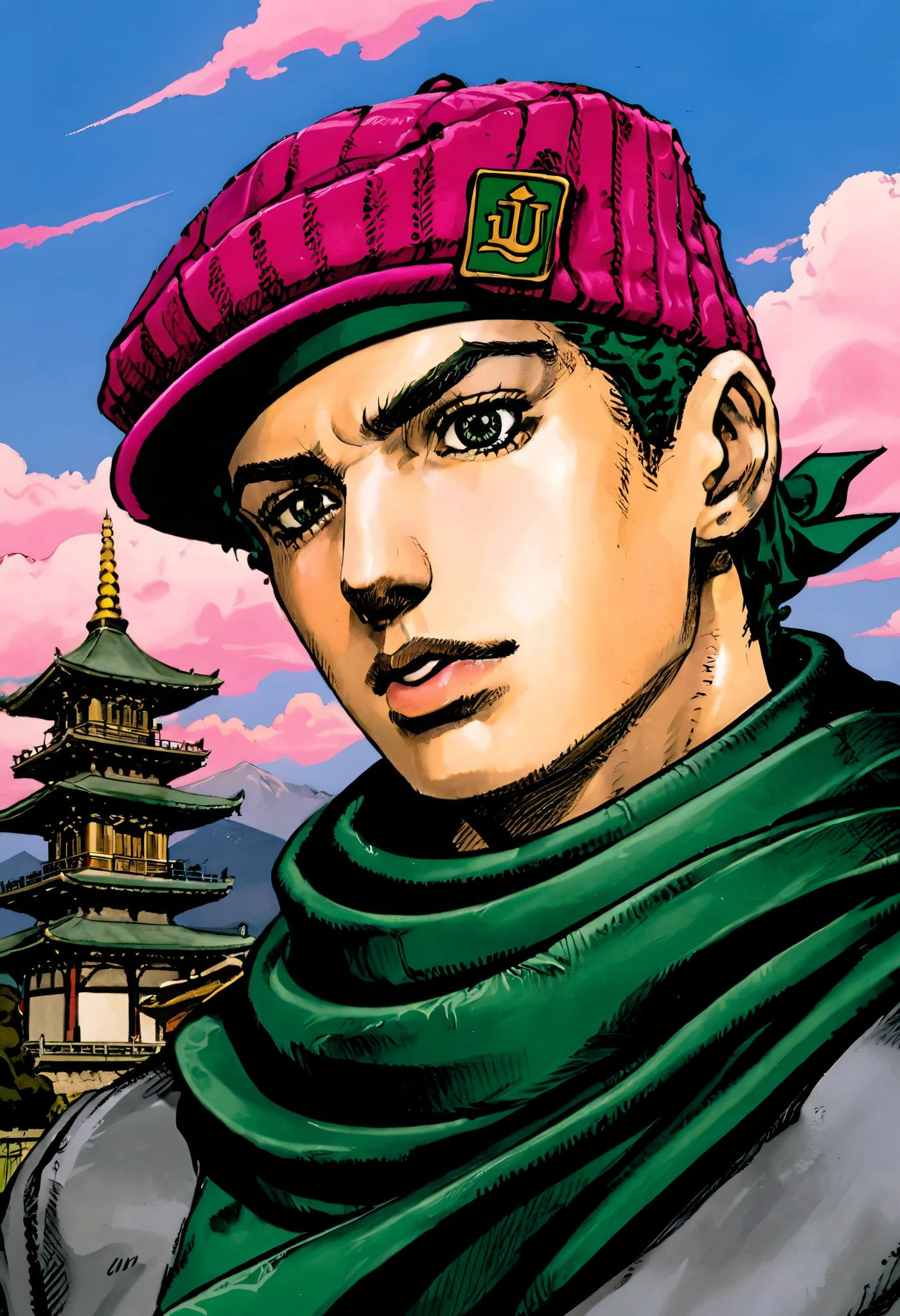 Fraction_9, Fraction_8_up, Fraction_7_up， best quality, close up,（1 Only，male，Look elsewhere，Calm），（（ kimseoryong ，Fashion，Artistic：1.22））， Green_ ， Italian Pagoda ，Noble，shoulder line ，（（（bring_Jotaro in a wool beanie ））），Grey_scarf，  ， dynamic angle，Simple fuchsia sky，dusk， by hirohiko  