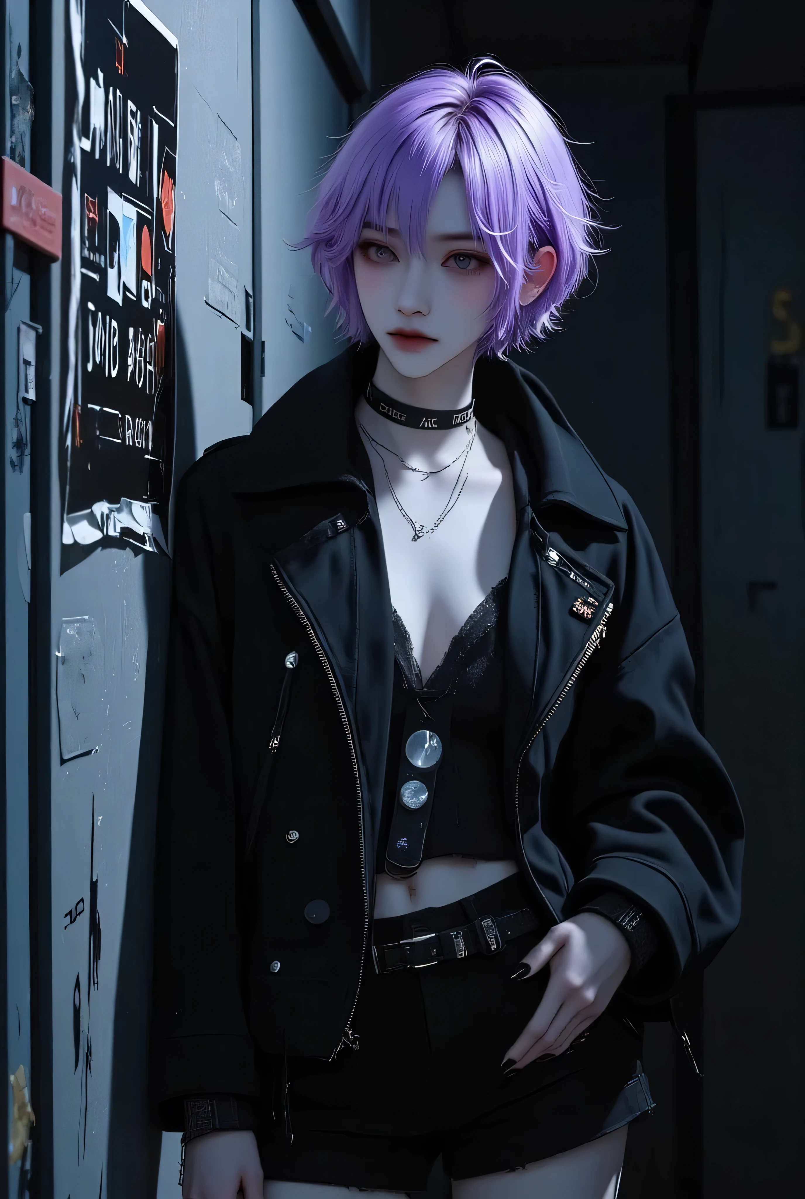 Anime boy, gothic illustration、Anime landmine Kpop idol's holiday、dark dark gothic background 、Standing pose with your palm against the wall、Sexy face、 Look Down、 stylish boy model dressed as a cool guy on a dark gothic background、 one beautiful young beautiful boy dressed as a man、 cute expression 、bisexual 、 cool、Light purple hair color、Short Hair、 arranged hair 、Handsome Hair、Small face、 white skin、Neutral face、Cool guy、 cute face 、 cool sharp eyes 、sharp thin eyebrows 、 Tall、 style with 2 hands、 I like cool stuff 、Black gothic outfit、Age 19、 half Japanese and Korean man 、Fascinating fans、Seduce、 beautiful photo 、masterpiece、 best quality 、 HD、 Fantastic 、 dark background、Photographed from below 、 beautiful portrait、 menswear makeup 、 Anime Makeup 、 cute girl with piercings 、Story-like