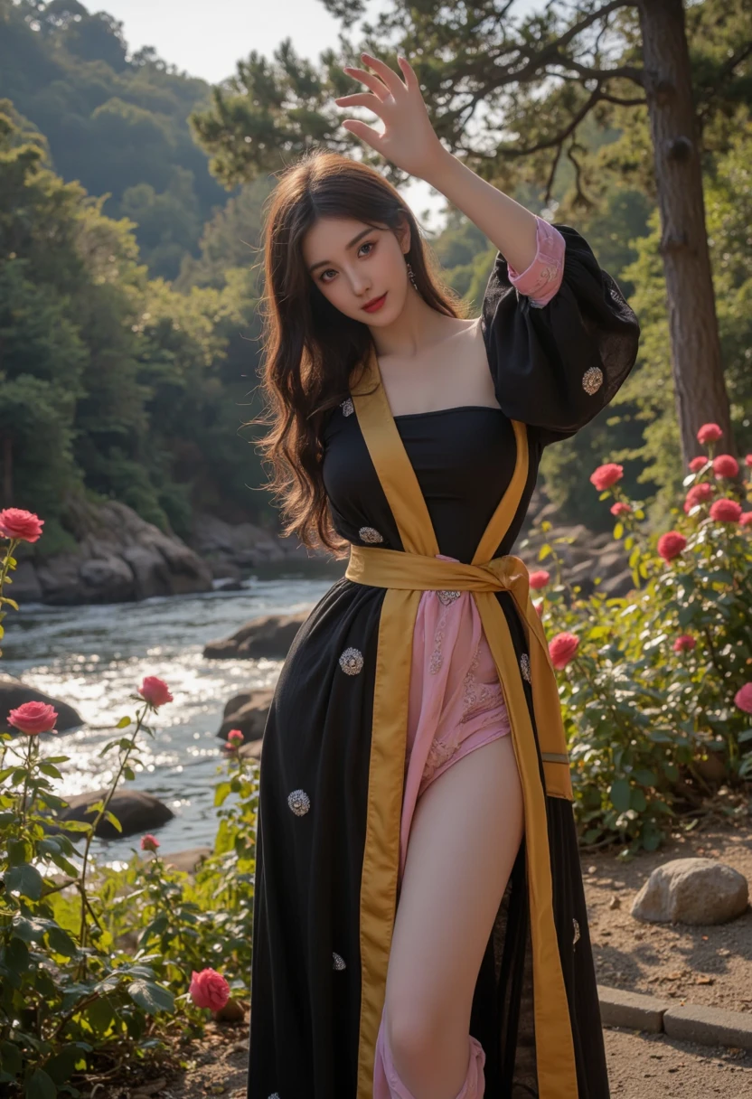 a beautiful girl, perfect face, arms at sides, masterpiece, ultra high res, high quality, 4k, full body:1.5,  lisa (genshin impact), crimson red witch hat, green eyes, black hair, (PureErosFace_V1:0.008), (european:1.6), bangs, dress, rose, jewelry, witch, capelet, purple headwear, black gloves, purple flower, hair between eyes, purple rose, parted lips, crimson red capelet, hat flower, crimson red dress, hair ornament,  windmill, from side,