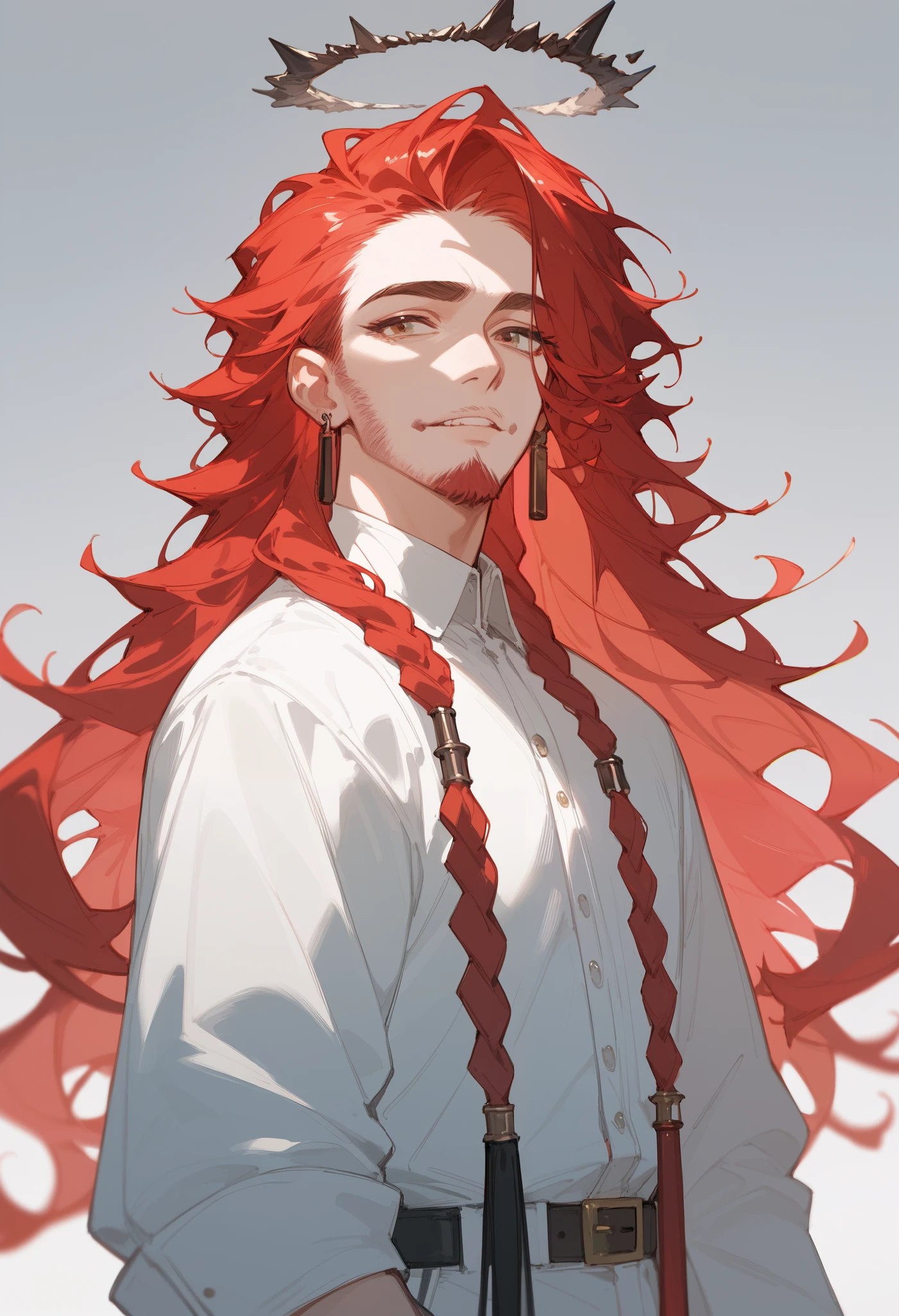 girl. red hair. very straight hair , locks of facial hair, bright hair, prominent hair , white top. sly look