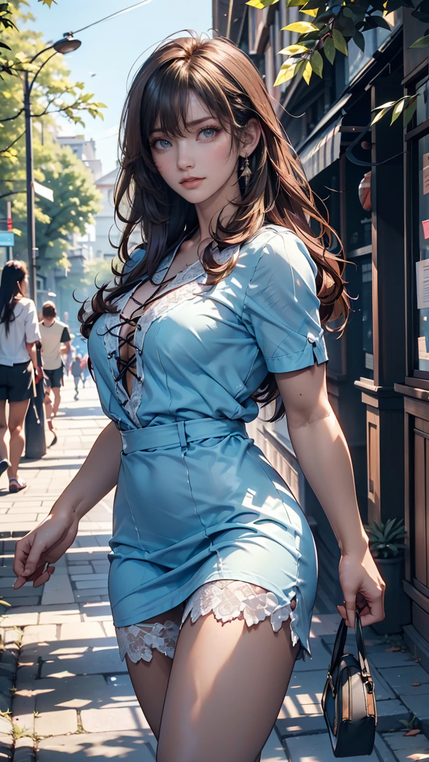 Photo of an 18-year-old girl with blonde hair and brown eyes, big breasts with a little cleavage, a big butt, Ava Young, (Amazing skin details: 1.4), (natural skin: 1.2), (pores: 0.6), (detailled eyes: 1.2), (bokeh: 1.2), (fotografia), (filmic), (photorealestic), (Ultrarealistic), in the winding streets of a romantic old town. She wears an elegant dress and flat shoes, walks over cobblestones, while the old buildings and flower balconies in the background create a picturesque atmosphere.