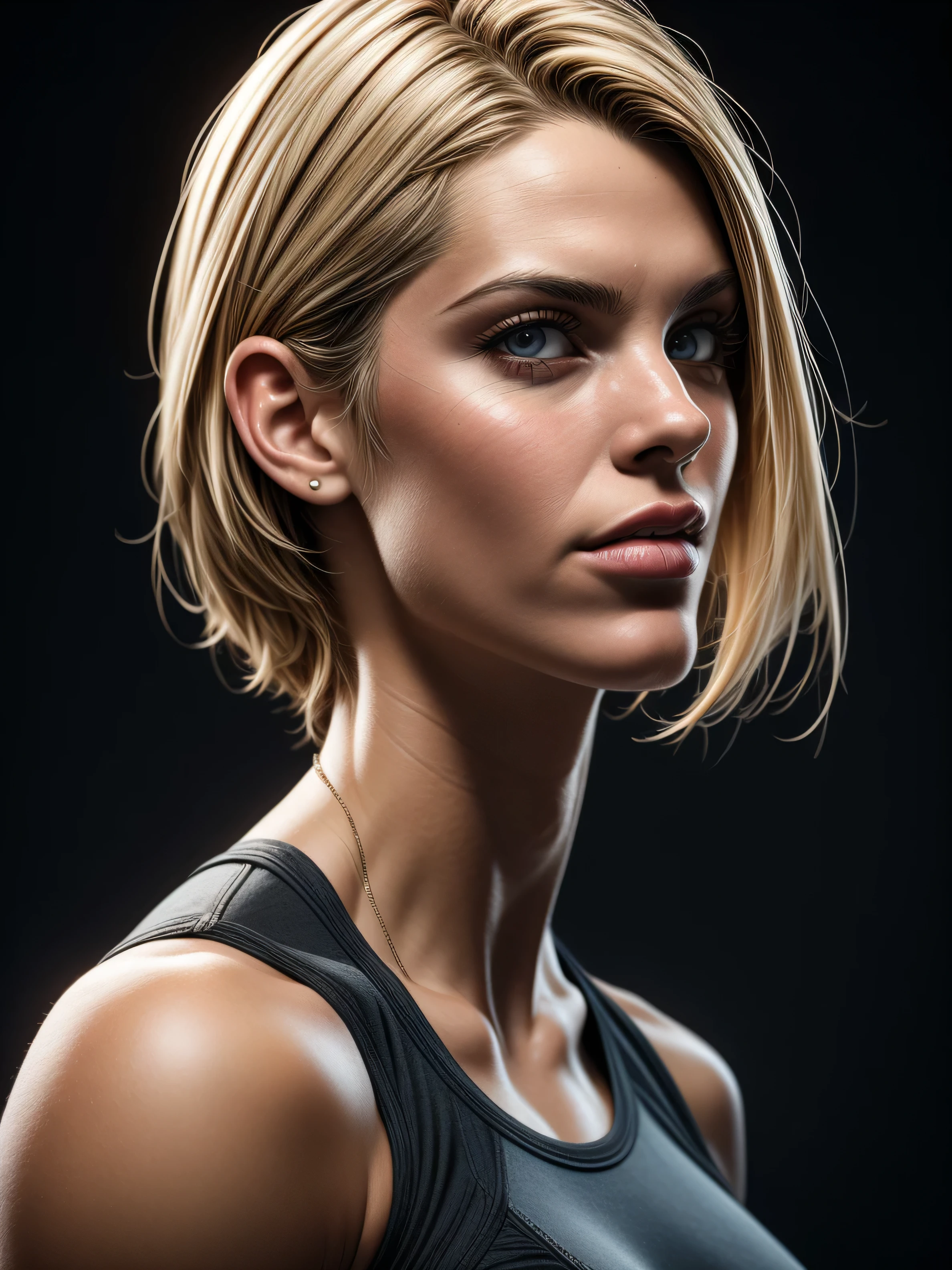 3d rendering, fitness model, 1 mature American woman, sexy detailed skin, detailed facial features, amazing body, short blonde hair, front view, upper-body, sexy, gaze, isolated on a black backdrop, dramatic lighting, deep contrast, low-key, emphasis on texture and contrast, RTX shader, unreal engine 5, v-ray render, organic rendering, complex, hyper realism, many details