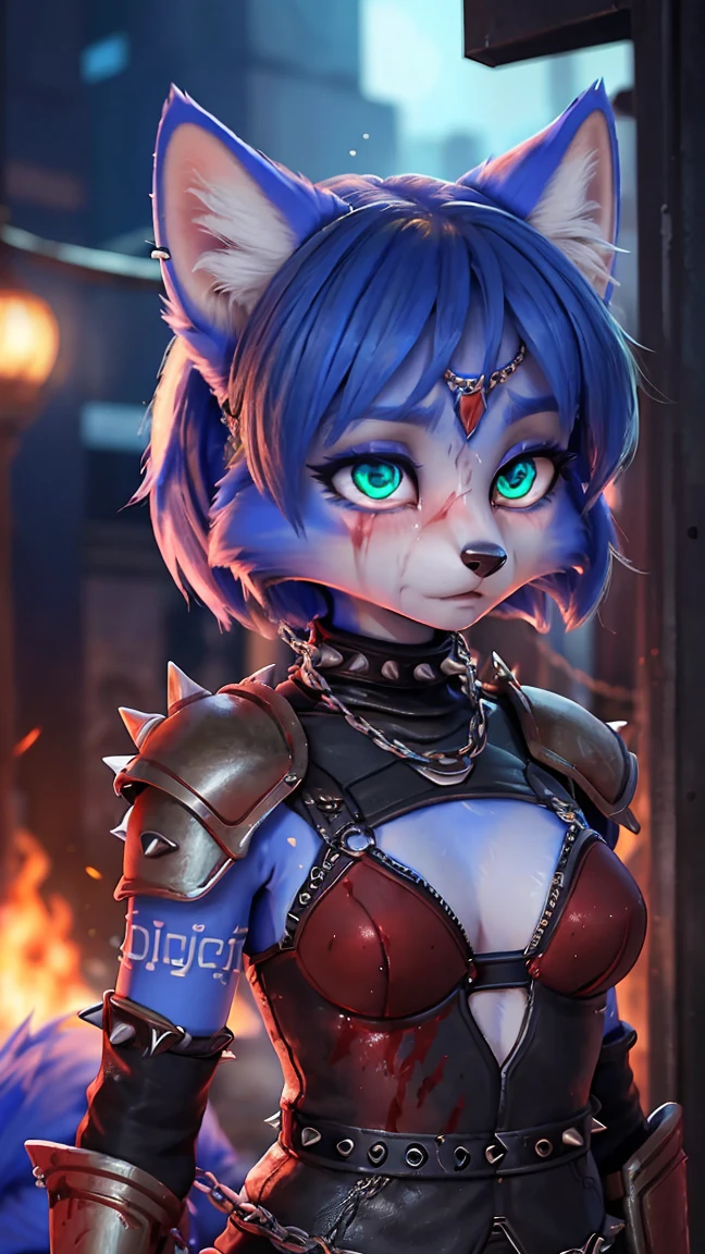 ((krystal)), Star Fox-Krystal, lovable, green eyes, ((( long blue hair 1 .3))), Decollete, anthro, blurred, detailed Fluffys fell, detailed face , (Fluffy), 1 girl, ,woman, Goth, green eyes, Undercut, ultra-realistic 8k CG , masterpiece, (( ultra-detailed background , Delicate patterns , complex part )), best quality , complex part s, Chromatic aberration , 1 girl, (Alone, 1 girl, crazy eyes , blood on face, Blood on clothing ) (digital) ( on the detailed battlefield, ( spiked armor , Chain)) , best quality , , skull, ShodAnss _soul3142, ff14bg , EpicArt,