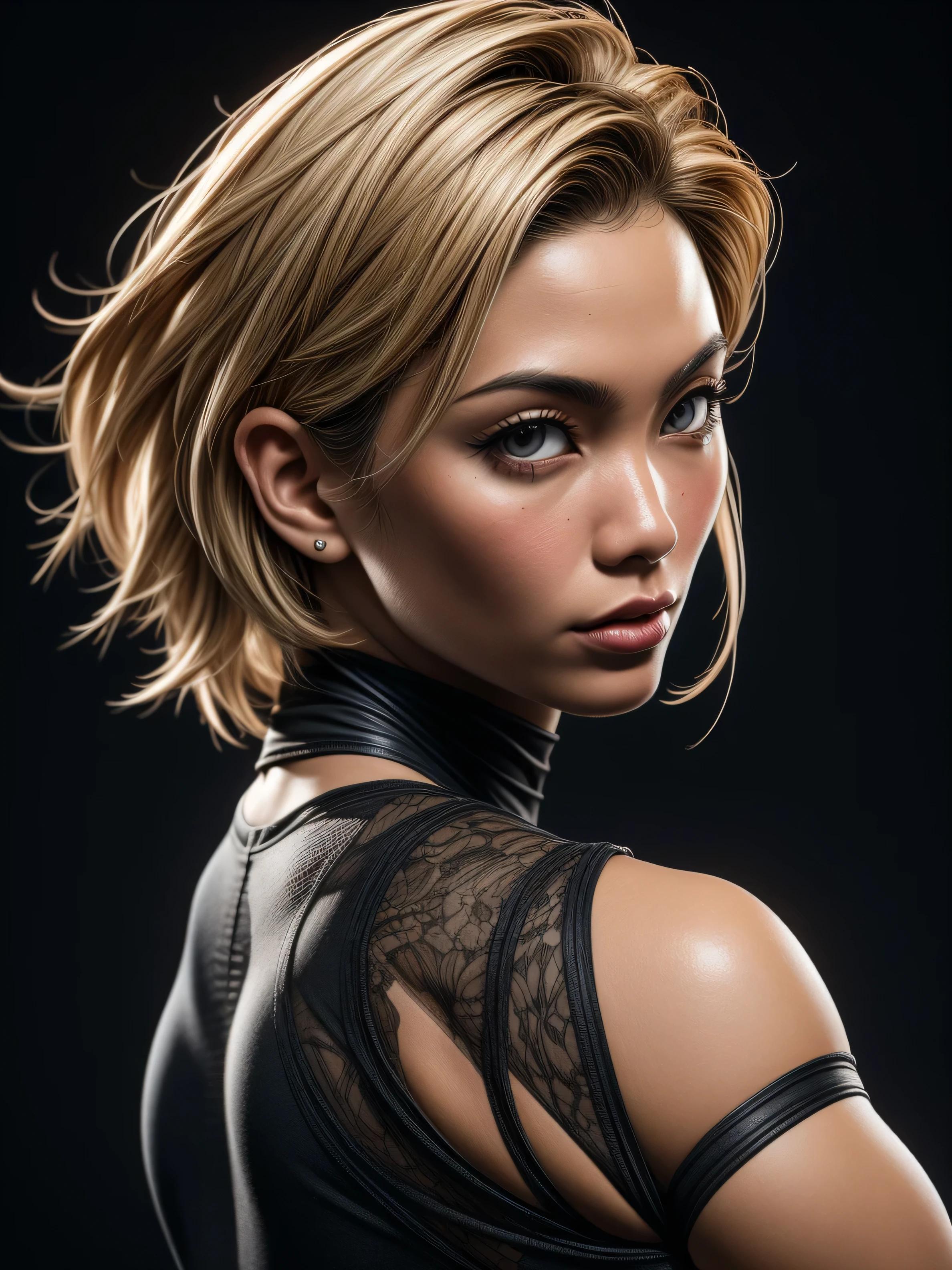 3d rendering, fitness model, 1 mature Asian woman, sexy detailed skin, detailed facial features, amazing body, short blonde hair, front view, upper-body, sexy, gaze, isolated on a black backdrop, dramatic lighting, deep contrast, low-key, emphasis on texture and contrast, RTX shader, unreal engine 5, v-ray render, organic rendering, complex, hyper realism, many details