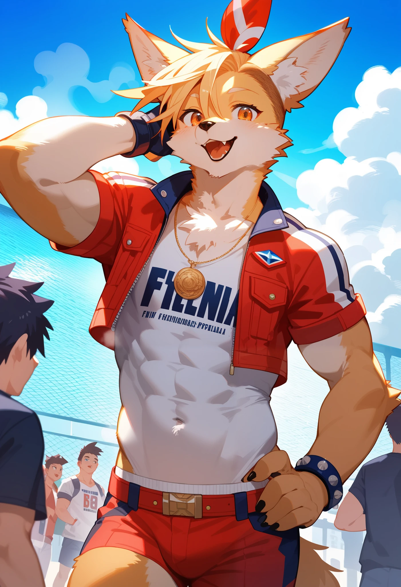 Change your clothes to orange swim briefs and change the background to a pool