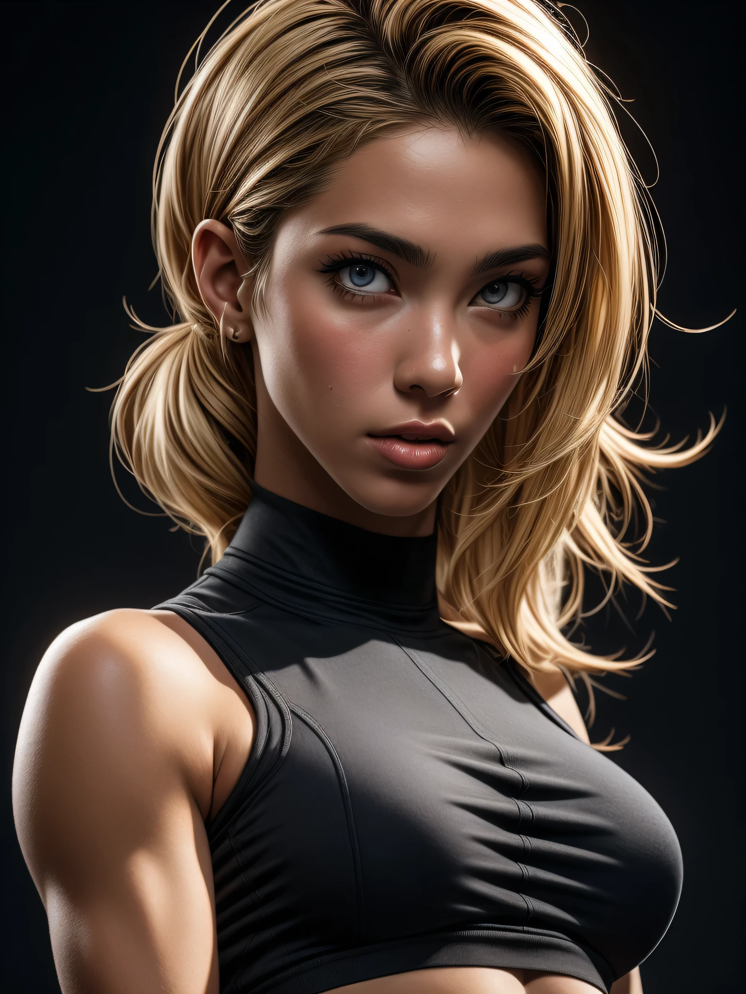3d rendering, fitness model, 1 mature japanese woman, sexy detailed skin, amazing body, blonde hair, front view, upper-body, sexy, gaze, isolated on a black backdrop, dramatic lighting, deep contrast, low-key, emphasis on texture and contrast, RTX shader, unreal engine 5, v-ray render, organic rendering, complex, hyper realism, many details