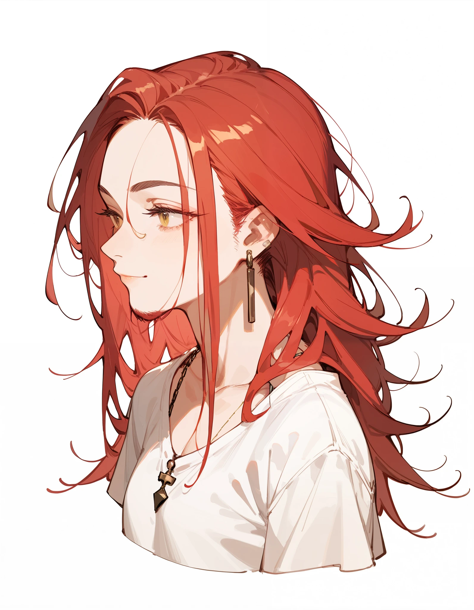 girl. red hair. very straight hair , locks of facial hair, bright hair, prominent hair , white top. sly look