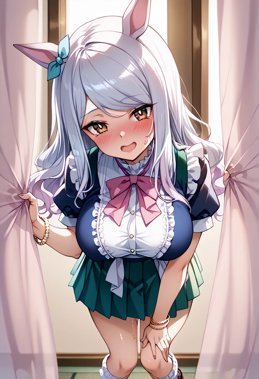 score_9, score_7_up,  source_anime, uncensored, zPDXLxxx, intricate_details_xl, face focus, zoom layer, close-up, blurry background
1girl mejiromcqueen(umamusume),white hair,horse ears,animal ears,horse tail,((straight hair)) solo,Large Breasts,gyaru, front-tie top,(((undressing))),pleated skirt, green skirt, white leg warmers, loose socks, loafers, clothes around waist, bracelet, curvy, voluptuous,(((side-tie black panties,panty shot))),Drunk,Blush,  dark brown eyes, looking at viewer, maid uniform, sweat, sweatdrop, shiny skin,
hidden sex, stealth sex, (curtain grab:1.1), behind curtain, see-through silhouette, curtains, sex, vaginal, blodjow face, 1boy, faceless male, cheating (relationship)