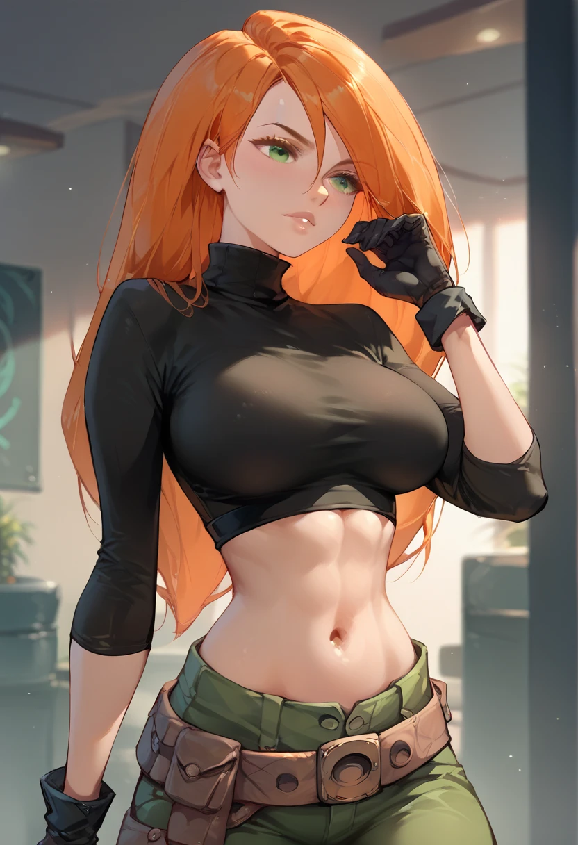 young girl, Long red hair, high ponytail, brown eye, Black sleeveless t-shirt, open belly, camouflage military pants, Katanas, Masterpiece, hiquality