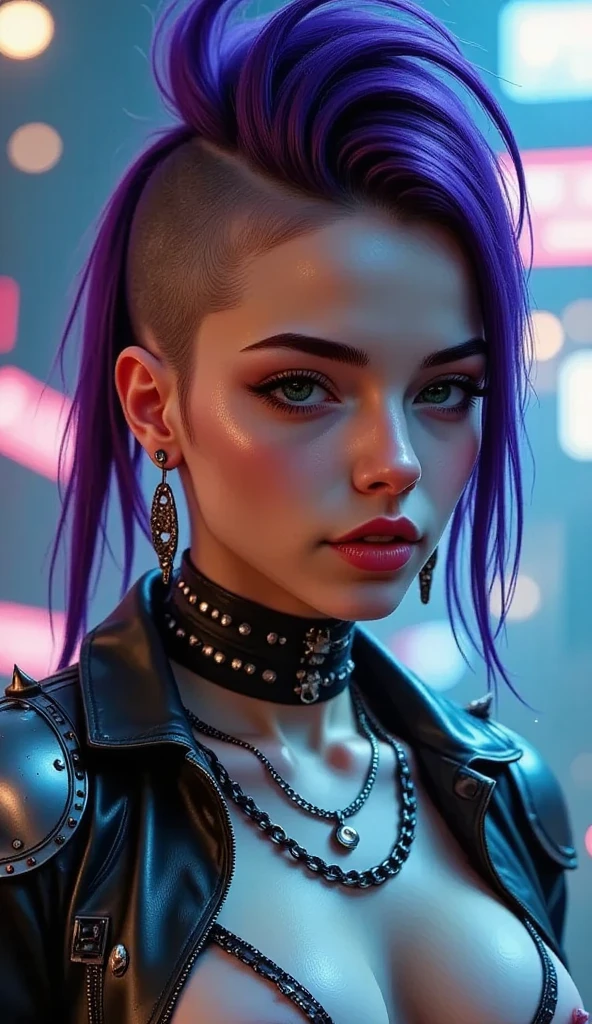 a beautiful young girl, cybergoth style, sensual pose, party outfit, detailed facial features, intricate makeup, neon lights, glowing neon accents, cinematic lighting, hyper-realistic, 8k, photorealistic, masterpiece, award-winning digital art