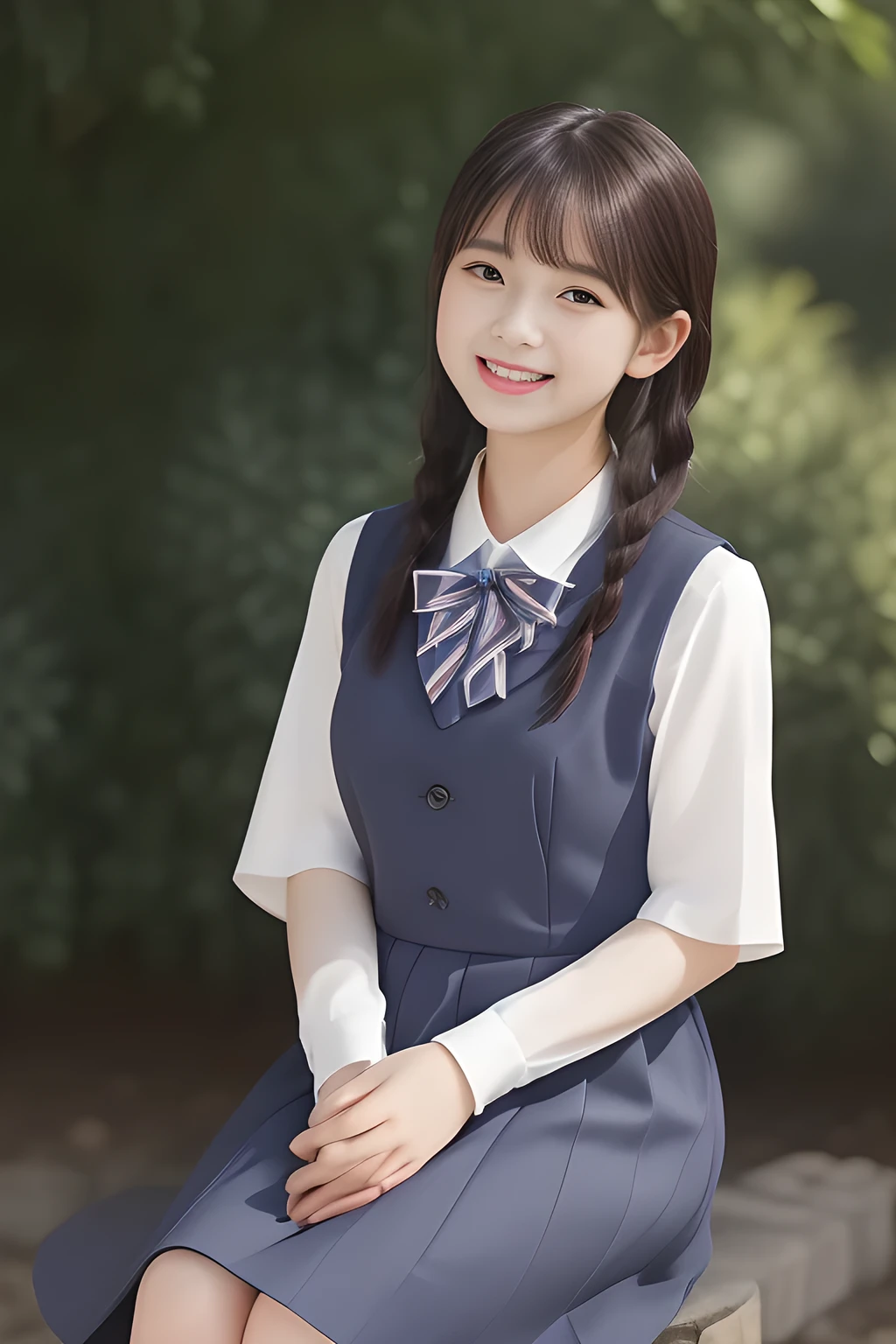 (highest quality, masterpiece, high resolution:1.2), 4K, (Photo quality detailed foreground: 1.2), (Giorgione painting style: 0.8), geometry, (Cute 18yo girly Japanese photo model is seated and looking at the viewer with her too beautiful eyes like laughing fashion model: 1.3), (Shy smile: 1.5), Laughing cutely, ((Light-Gray) Japanese school girly vest Uniform with neat girly ivory-colored short-sleeves school blouse, puffed short sleeves: 1.2), (white socks and school loafers: 1.2), (Dark red glossy school ribbon on the breast: 1.0), (Extremely laughing cheeks: 1.0), (Beautiful light-amber large clear open eyes with balanced and detailed cutely: 1.4), (highly curled bangs: 1.2), (Expressing the greatest joy with her whole body: 1.2), (Glossy lips: 1.0), (braids tied under her ears: 1.3), (cute earrings), (Inviting me into the heaven: 1.6), (white and clear skin: 1.0), (Laughing 18yo cute princess's eyes: 0.8), (Placing her beautiful white hands together like praying: 0.9), (Full-body shot: 1.2), (Drives me crazy for her glossy neat short-bobbed hair and make me fall into love: 1.2), (girly beautiful atmosphere, dark-blue plain background: 1.5)