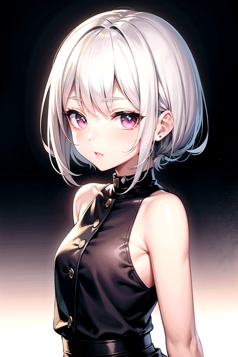 ,flat chested, flat stomach, tiny body, small stature, high quality image of an anime-style gothic girl, the girl has a very thin body, the girl has short legs, fine and thin face, her face is sad, the girl has white skin, the girl has very small breasts, The girl is slightly blushing, the girl has little ears, the girl has white hair, the girl has short hair, the girl is posing sexy, the girl is wearing a sexy black tight leotard, the girl's eyes are bright red, the girl has very marked black eyeliner, The background of the image is a night garden with luminous ghosts,