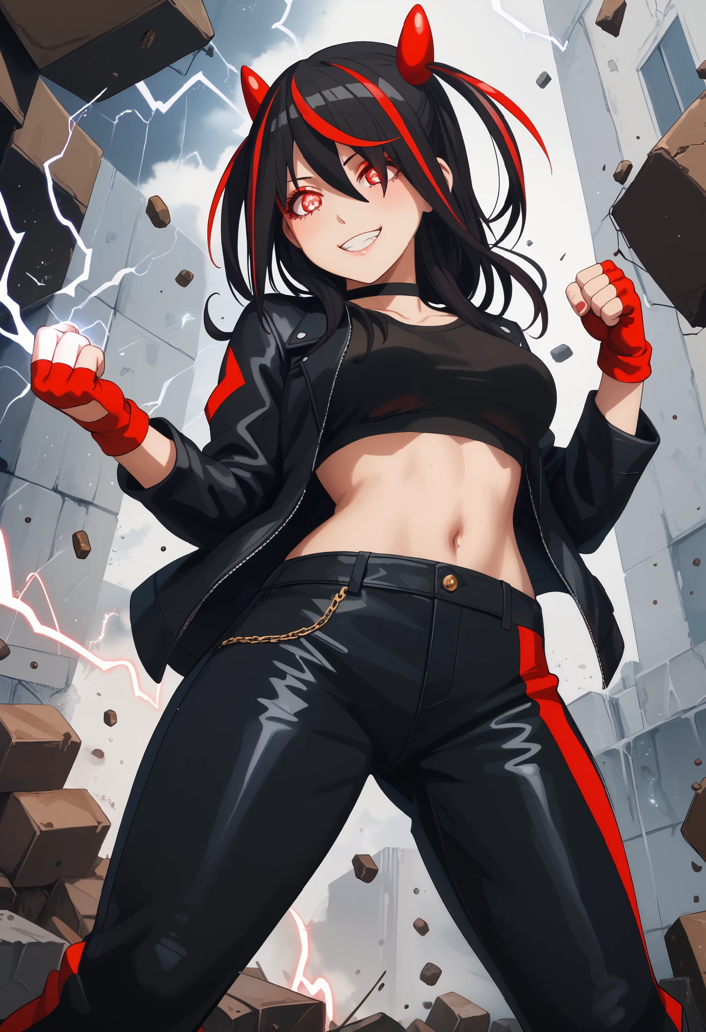 Score_9, Score_8_up, Score_7_up, bright skin: 0.1, anime_source, deep skin, high quality, high resolution, (curvy), ((wide hips)), medium breasts, cute, sexy, 1 girl, BREAK HaneruEmi, HaneruEmi, long hair, black hair, red highlights, red eyeshadow, red eyes, spiky hair, hair between eyes, side locks, black crop top, open jacket, black leather jacket, horns, choker, gold bracelet, black leather pants, red gloves, fingerless gloves, red footwear, white footwear, two-tone sneakers, black stockings, abdomen, smile, incoming attack, incoming punch, clenched hand, glowing eyes, electricity, motion lines, dynamic pose,
concrete, abstract background, light particles, dust,