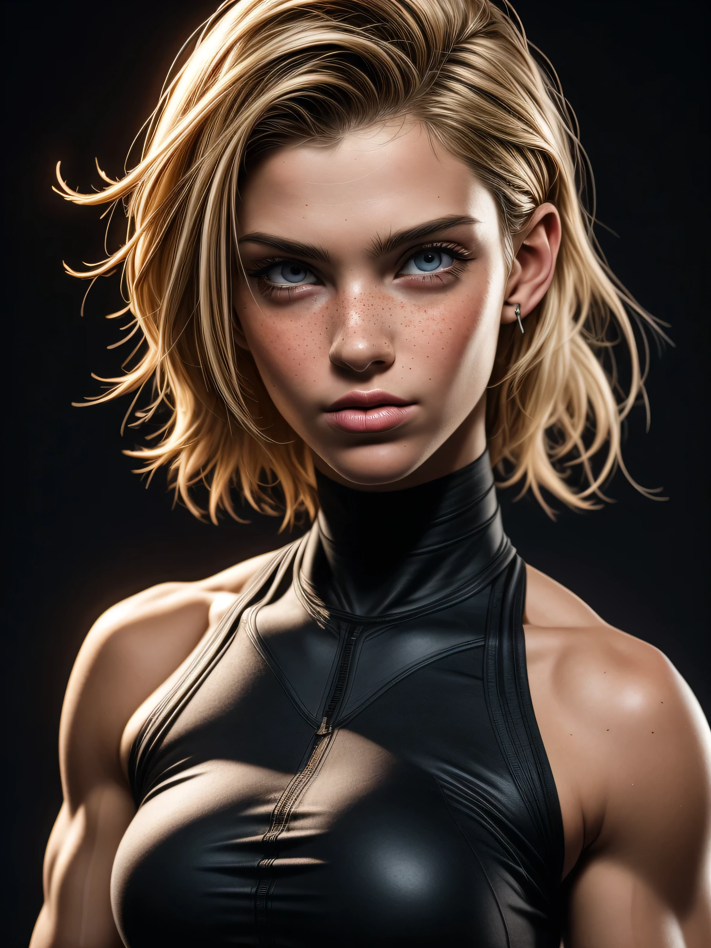 3d rendering, fitness model, 1 American woman, sexy detailed skin, detailed facial features, cute freckles, amazing body, short blonde hair, front view, upper-body, sexy, gaze, isolated on a black backdrop, dramatic lighting, deep contrast, low-key, emphasis on texture and contrast, RTX shader, unreal engine 5, v-ray render, organic rendering, complex, hyper realism, many details
