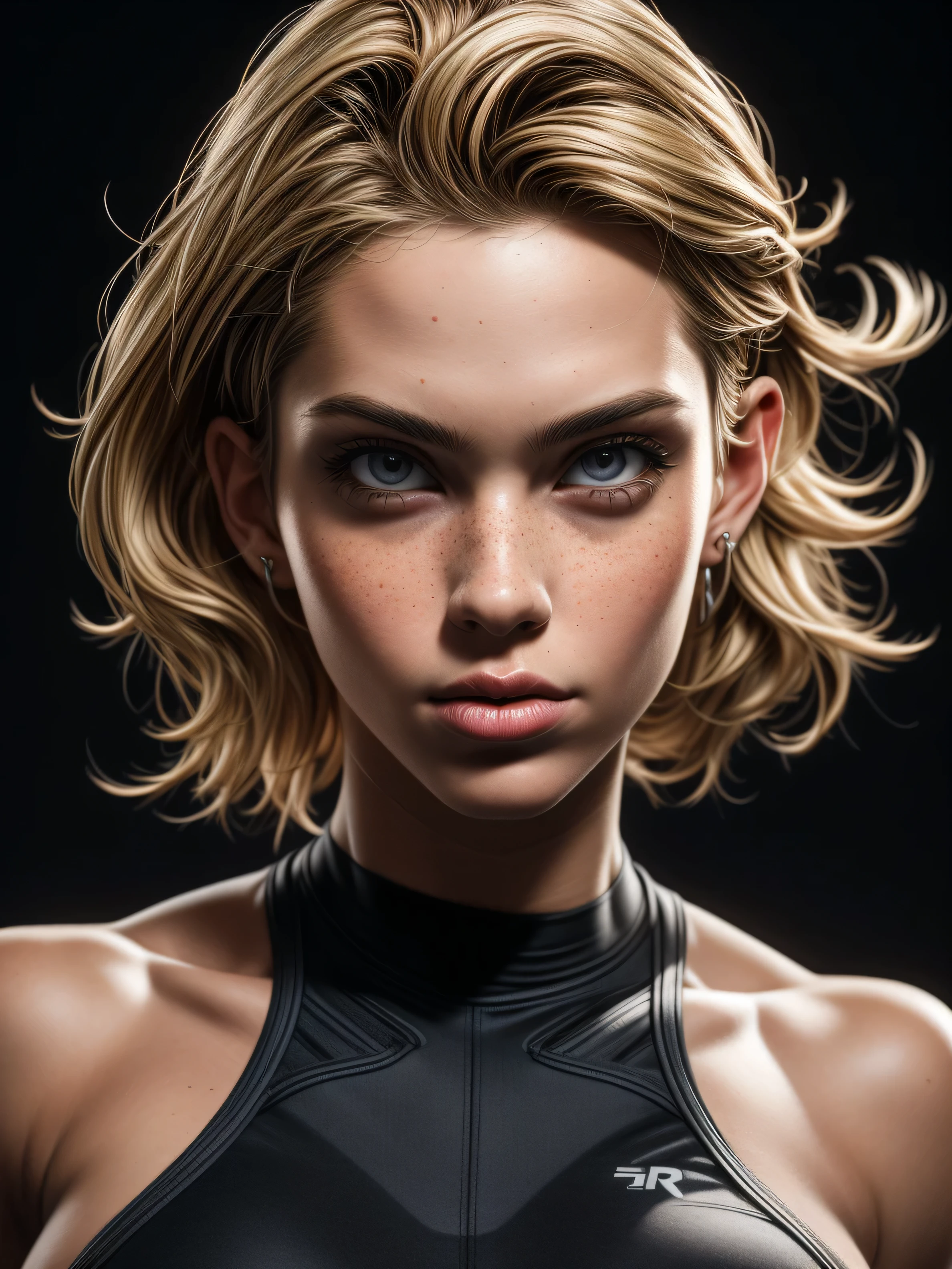 3d rendering, fitness model, 1 American woman, sexy detailed skin, detailed facial features, cute freckles, amazing body, short blonde hair, front view, upper-body, sexy, gaze, isolated on a black backdrop, dramatic lighting, deep contrast, low-key, emphasis on texture and contrast, RTX shader, unreal engine 5, v-ray render, organic rendering, complex, hyper realism, many details