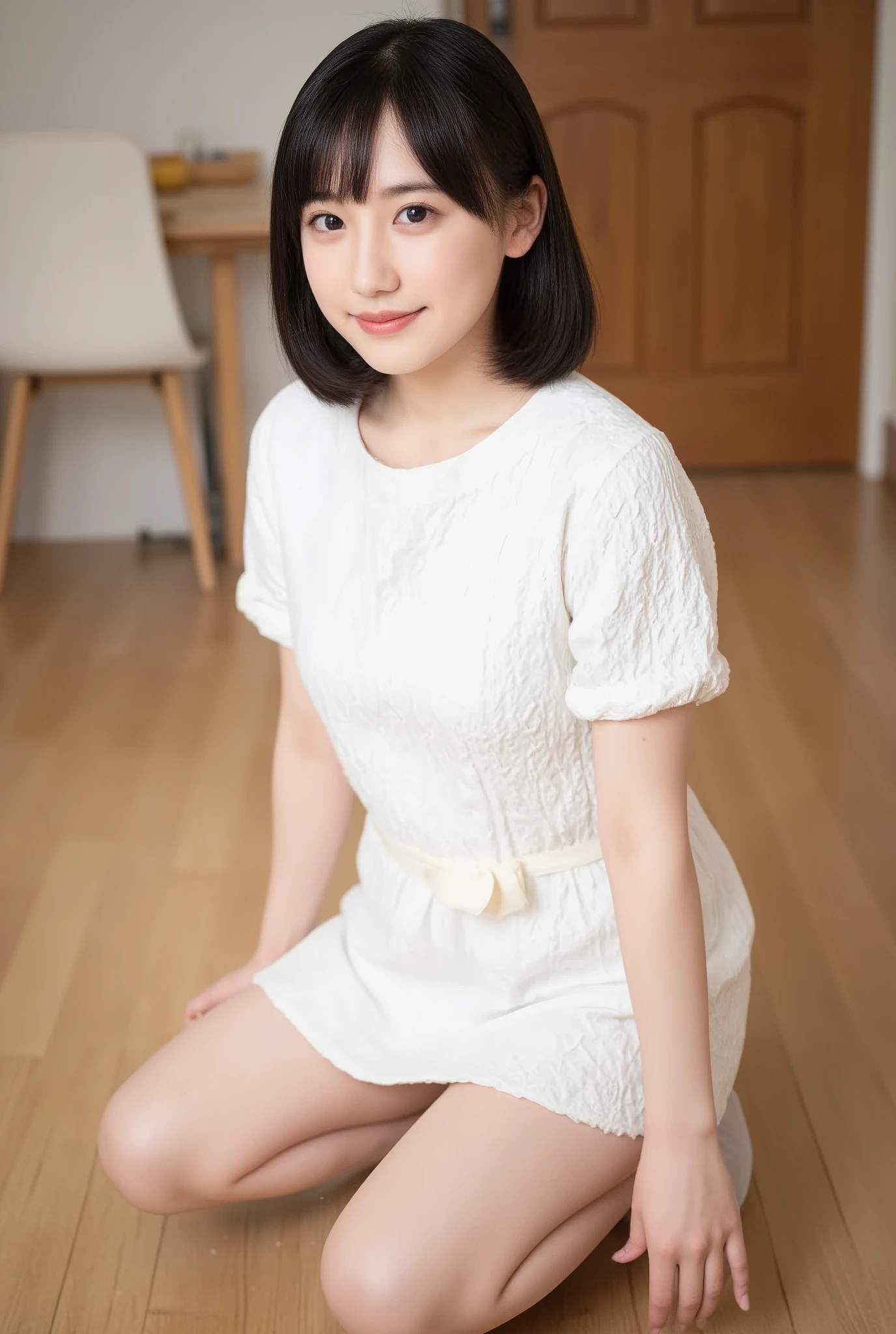 arafed asian girl in a white dress crouching down on a wooden floor, Chiho, realistic young gravure idol, young pretty gravure idol, young gravure idol, innocent smile, Yoshitomo Nara, shy smile, kimi takemura, young sensual gravure idol, slight cute smile, of a youthful japanese girl