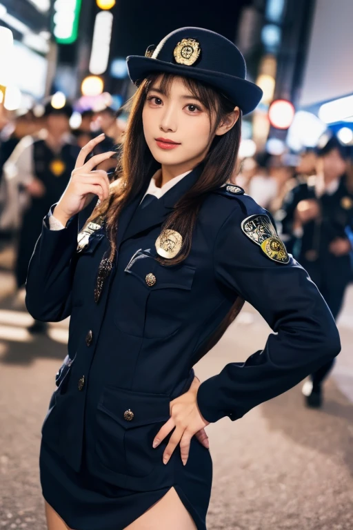 police uniform、police hat、whole body、photo taken from below、a beautiful female police officer、((Brown Long Bob Hair))、city