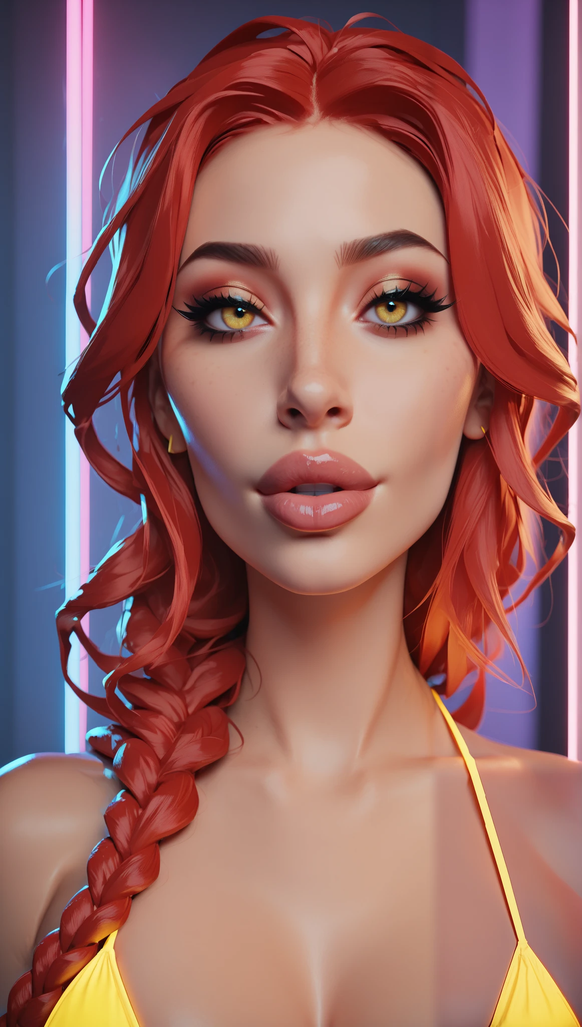 Beautiful hot woman, long red hair with braids , bright yellow eyes looking at the viewer , white skin she is wearing a neon yellow bikini, she is sending kisses to the viewer , extremely detailed image 4k