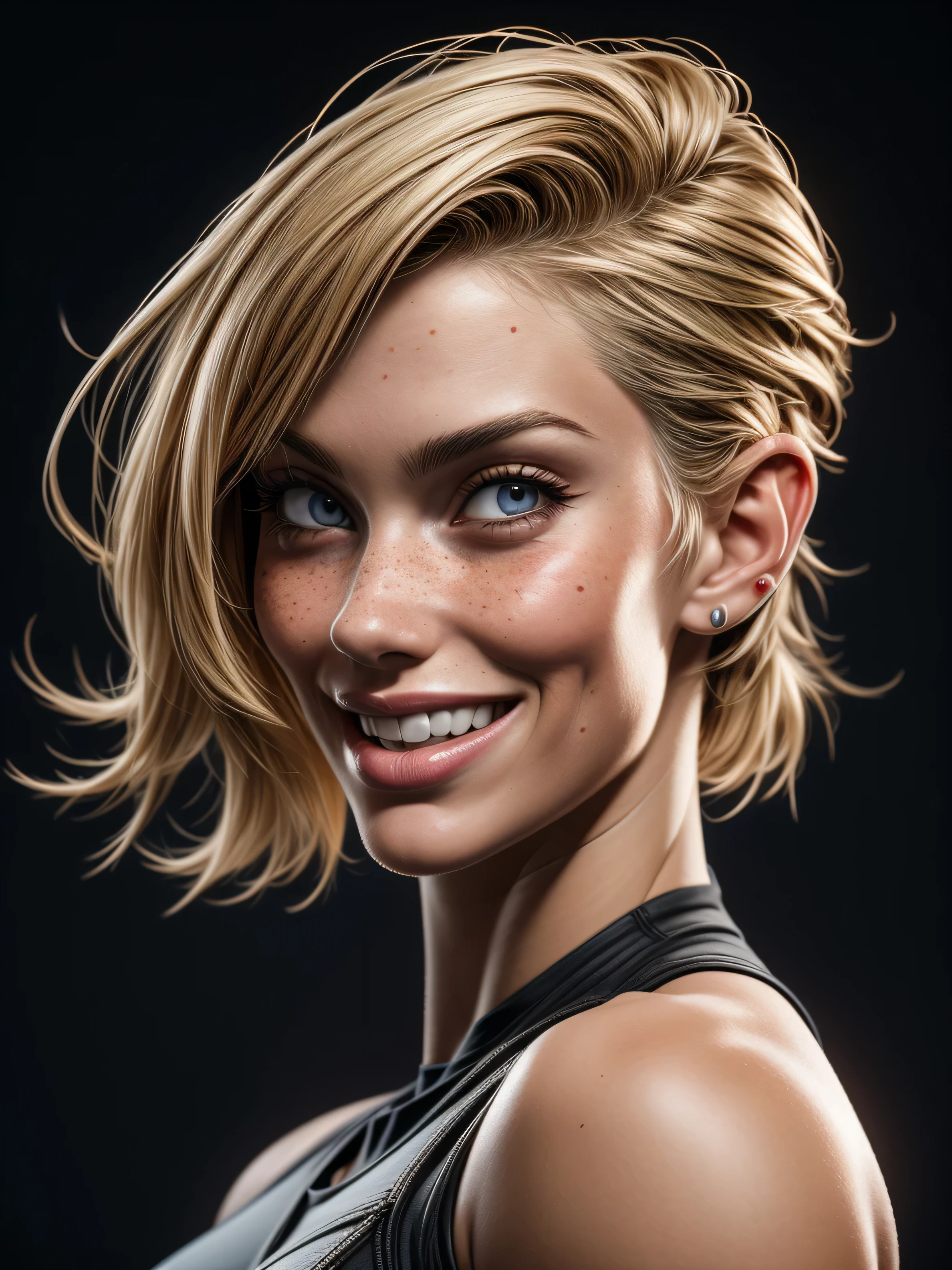 3d rendering, fitness model, 1 American woman, sexy detailed skin, detailed facial features, cute freckles, flirty smile, amazing body, short blonde hair, front view, upper-body, sexy, gaze, isolated on a black backdrop, dramatic lighting, deep contrast, low-key, emphasis on texture and contrast, RTX shader, unreal engine 5, v-ray render, organic rendering, complex, hyper realism, many details