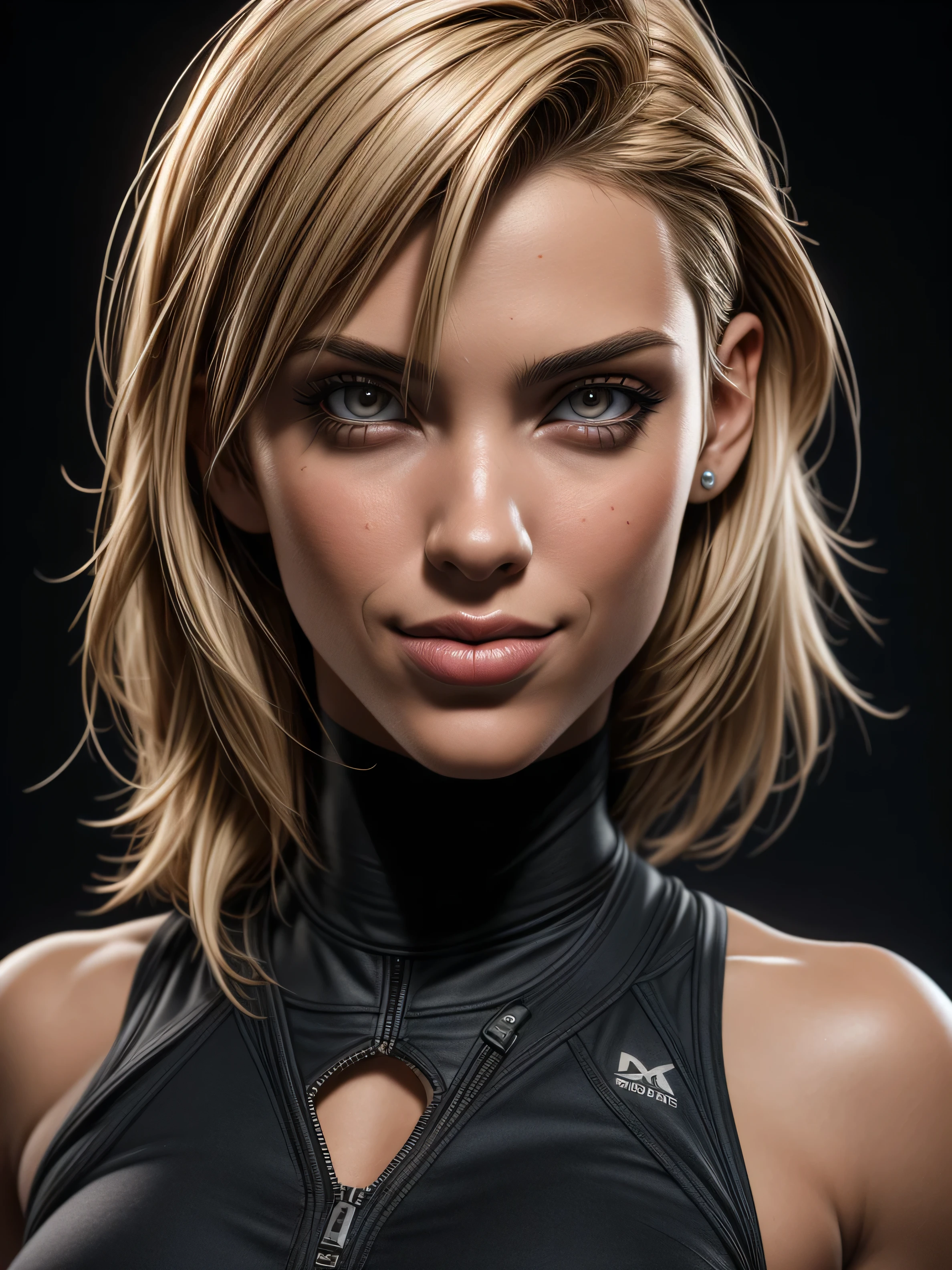 3d rendering, fitness model, 1 cute latina woman, sexy detailed skin, detailed facial features, natural looking makeup, eyeshadow, sexy lips, flirty smile, amazing body, short blonde hair, front view, upper-body, sexy, gaze, isolated on a black backdrop, dramatic lighting, deep contrast, low-key, emphasis on texture and contrast, RTX shader, unreal engine 5, v-ray render, organic rendering, complex, hyper realism, many details