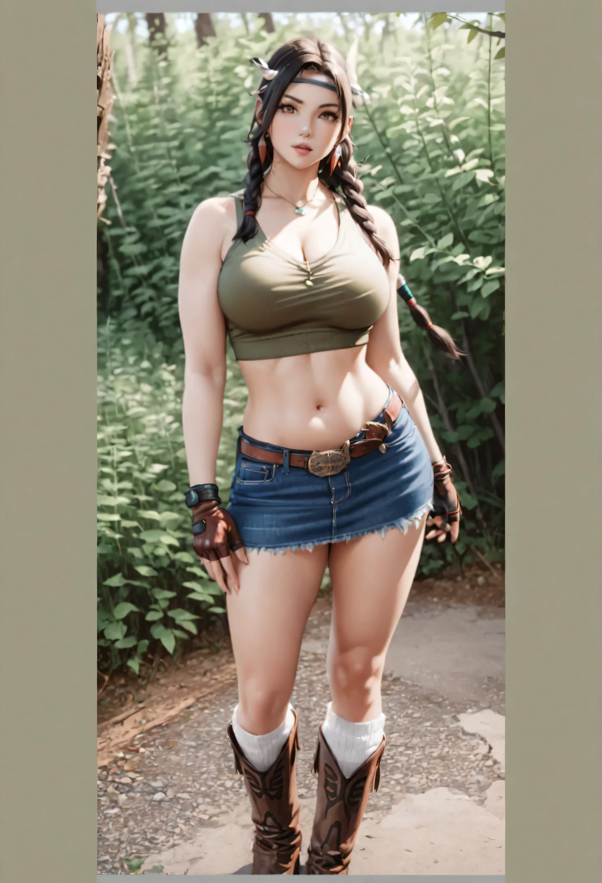 a close up of a woman in a short skirt and boots, gorgeous jungle ranger, cammy, tifa lockhart, waist - shot, tifa, quiet from metal gear solid, tifa lockheart, thicc, senna from league of legends, forest hunter lady, lara croft, akali from league of legends, as overwatch character, akali, cowgirl, (photograph:1.3), (High detail), (Julia_Chang), 1 girl, alone, looking at the viewer, (Blue denim mini skirt), (gloves), belly button, cleavage, bare shoulders, brown eyes, Big breasts, outdoors, Day, abdomen, Western cow boy belt, fingerless gloves, necklace, blurry, wood, crop top, blurry background, head band, Tank top, feather, denim, denim shorts, denim skirt, native american, dark red, gray, and black color, Bright colors, (summer, sunny weather:1.3), medium brightness lighting, (soft focus:1.3), (High praise, attractive, fascinating, exciting, nice, impressive:1.3), (surreal, sharp focus:1.3)