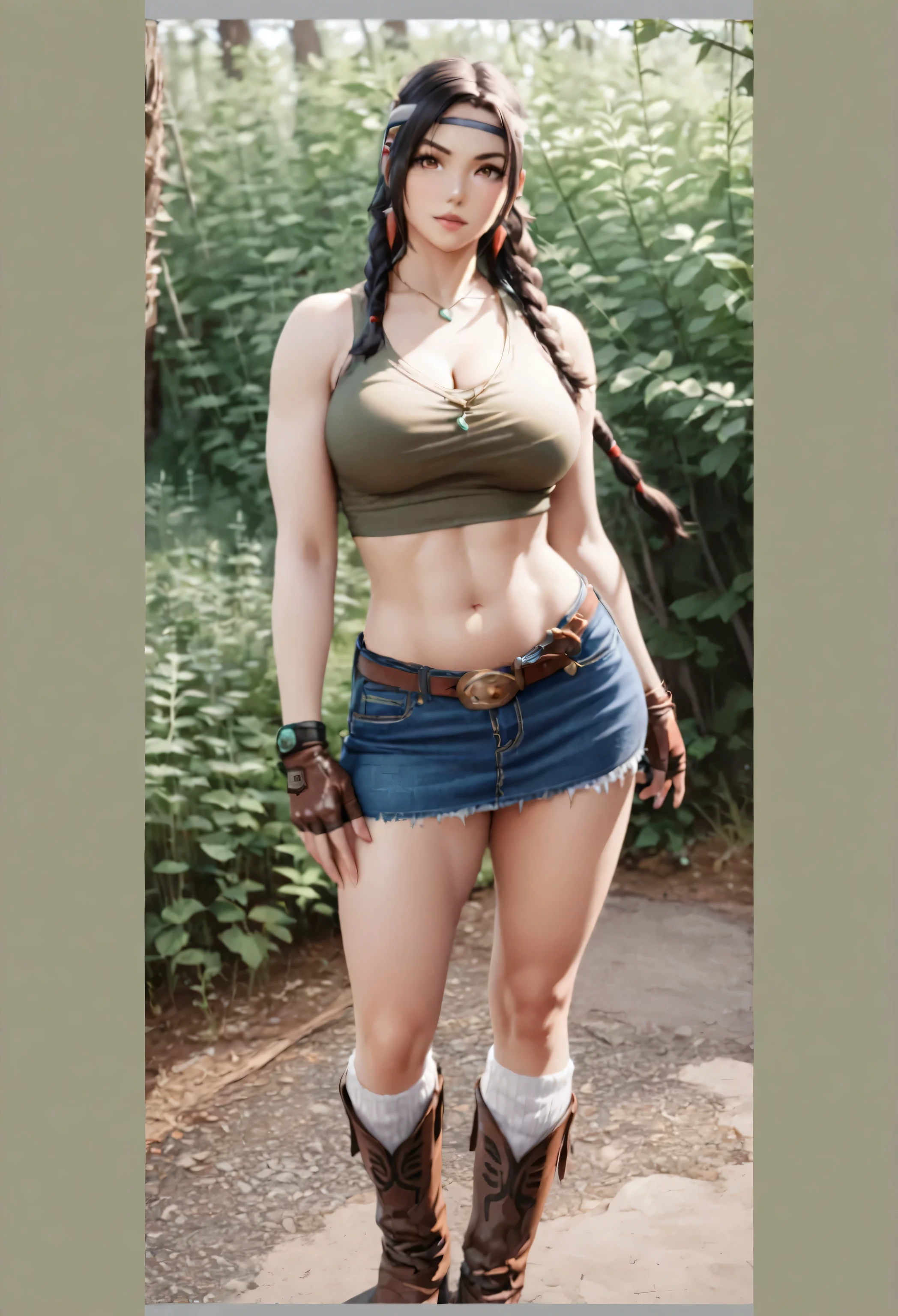 a close up of a woman in a short skirt and boots, gorgeous jungle ranger, cammy, tifa lockhart, waist - shot, tifa, quiet from metal gear solid, tifa lockheart, thicc, senna from league of legends, forest hunter lady, lara croft, akali from league of legends, as overwatch character, akali, cowgirl, (photograph:1.3), (High detail), (Julia_Chang), 1 girl, alone, looking at the viewer, (Blue denim mini skirt), (gloves), belly button, cleavage, bare shoulders, brown eyes, Big breasts, outdoors, Day, abdomen, Western cow boy belt, fingerless gloves, necklace, blurry, wood, crop top, blurry background, head band, Tank top, feather, denim, denim shorts, denim skirt, native american, dark red, gray, and black color, Bright colors, (summer, sunny weather:1.3), medium brightness lighting, (soft focus:1.3), (High praise, attractive, fascinating, exciting, nice, impressive:1.3), (surreal, sharp focus:1.3)