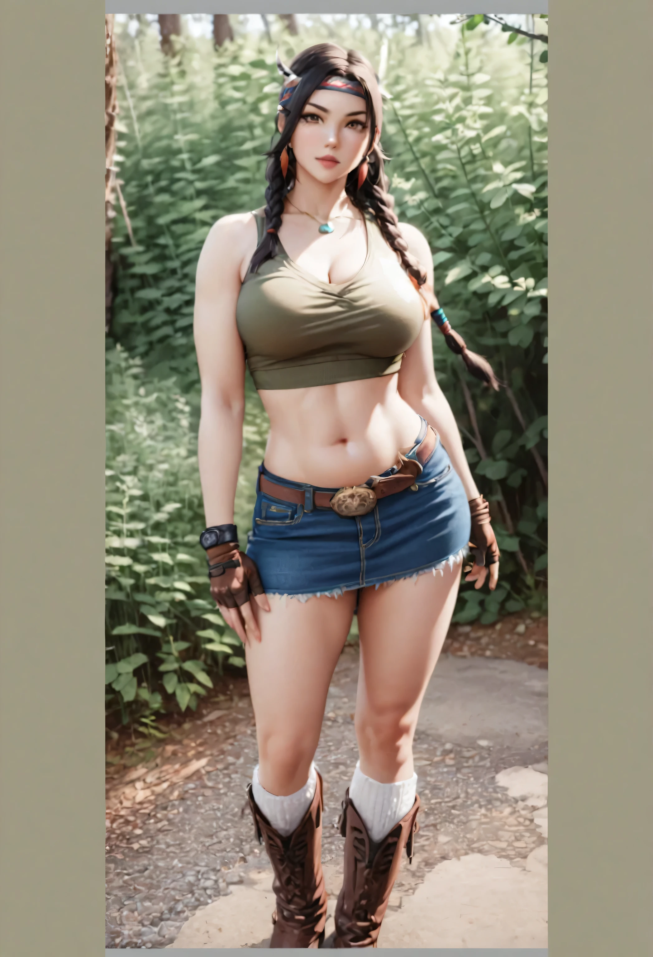 a close up of a woman in a short skirt and boots, gorgeous jungle ranger, cammy, tifa lockhart, waist - shot, tifa, quiet from metal gear solid, tifa lockheart, thicc, senna from league of legends, forest hunter lady, lara croft, akali from league of legends, as overwatch character, akali, cowgirl, (photograph:1.3), (High detail), (Julia_Chang), 1 girl, alone, looking at the viewer, (Blue denim mini skirt), (gloves), belly button, cleavage, bare shoulders, brown eyes, Big breasts, outdoors, Day, abdomen, Western cow boy belt, fingerless gloves, necklace, blurry, wood, crop top, blurry background, head band, Tank top, feather, denim, denim shorts, denim skirt, native american, dark red, gray, and black color, Bright colors, (summer, sunny weather:1.3), medium brightness lighting, (soft focus:1.3), (High praise, attractive, fascinating, exciting, nice, impressive:1.3), (surreal, sharp focus:1.3)