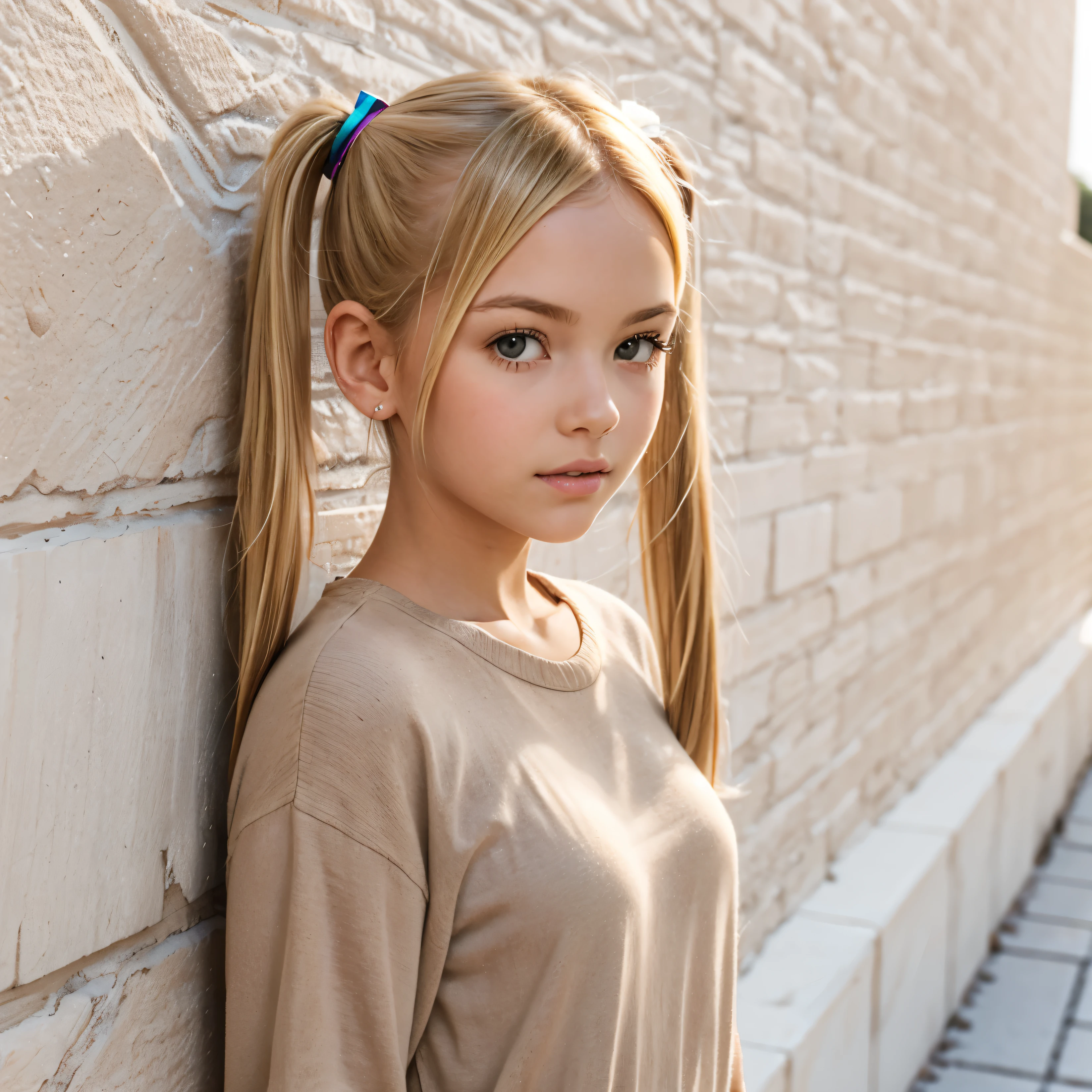 Super young ite female with blonde hair in pigtails. Standing in front of a beige stucco wall. Fragile and youthful features.
